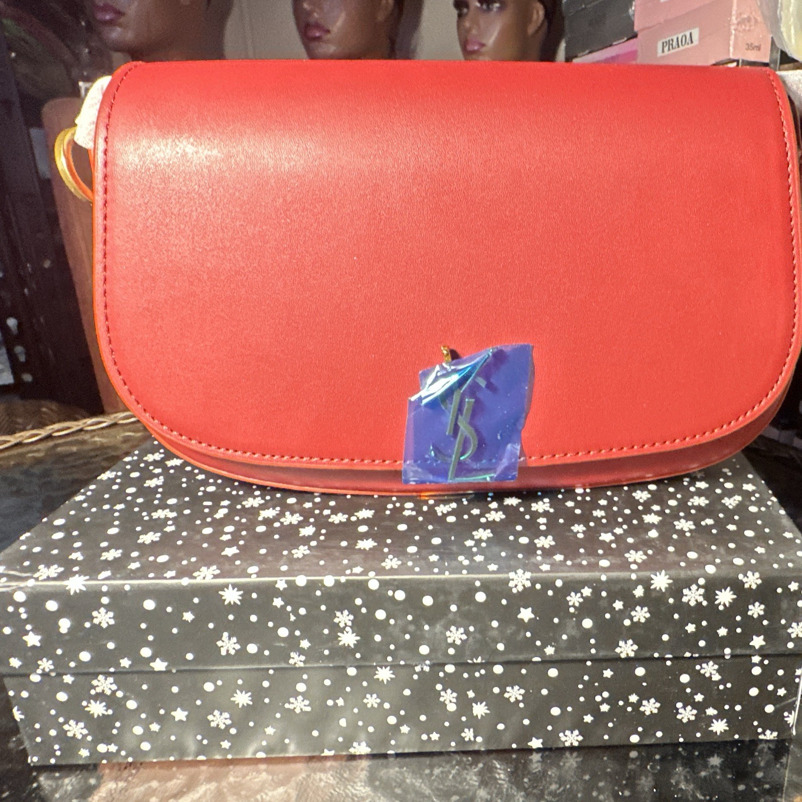 Saint Laurent YSL Red Shoulder Bag Gold HW Magnetic Closure Dust Bag Box