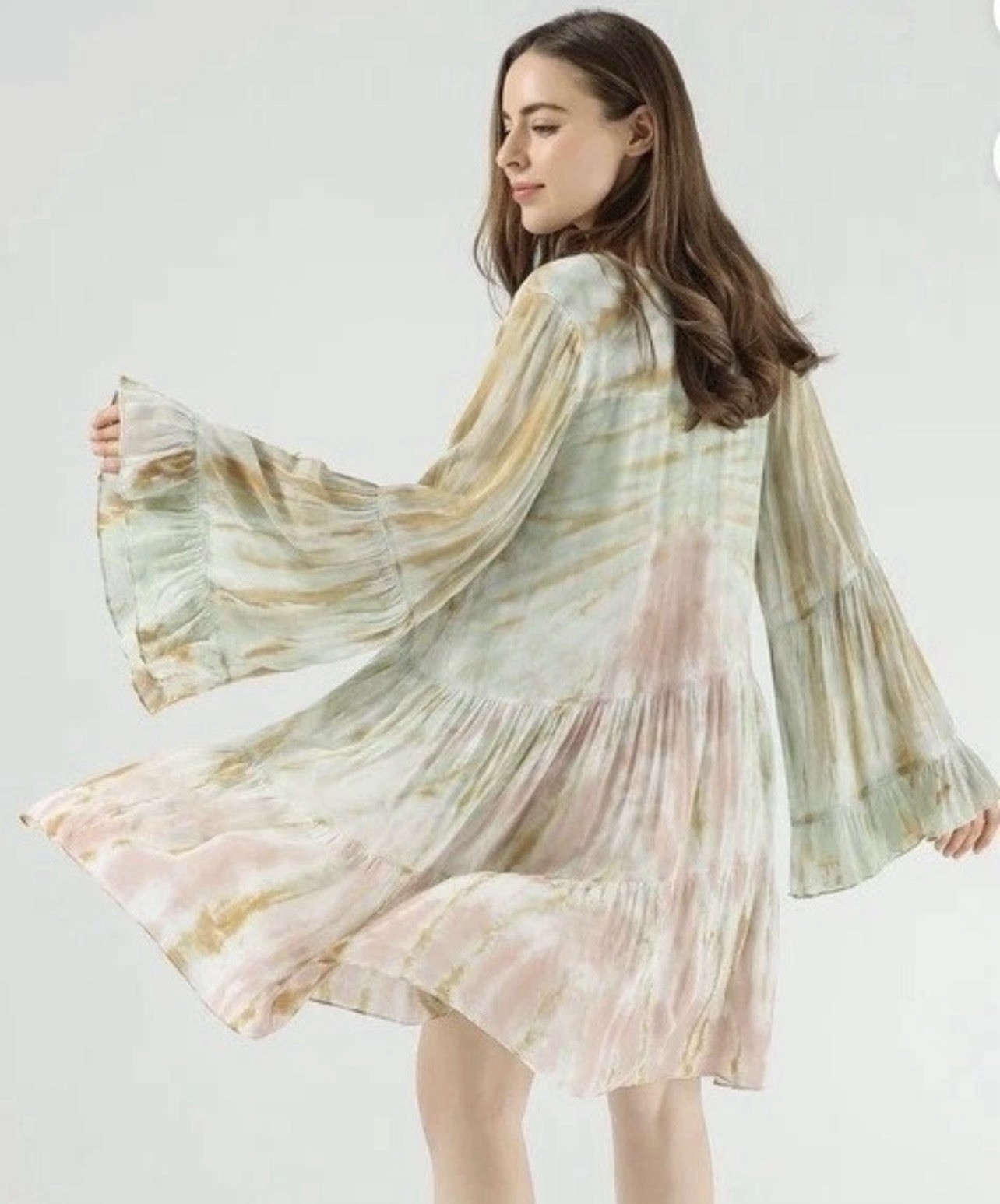 Young Fabulous & Broke Tie Dye Chiffon V-Neck Bell Sleeve Trapeze Dress S