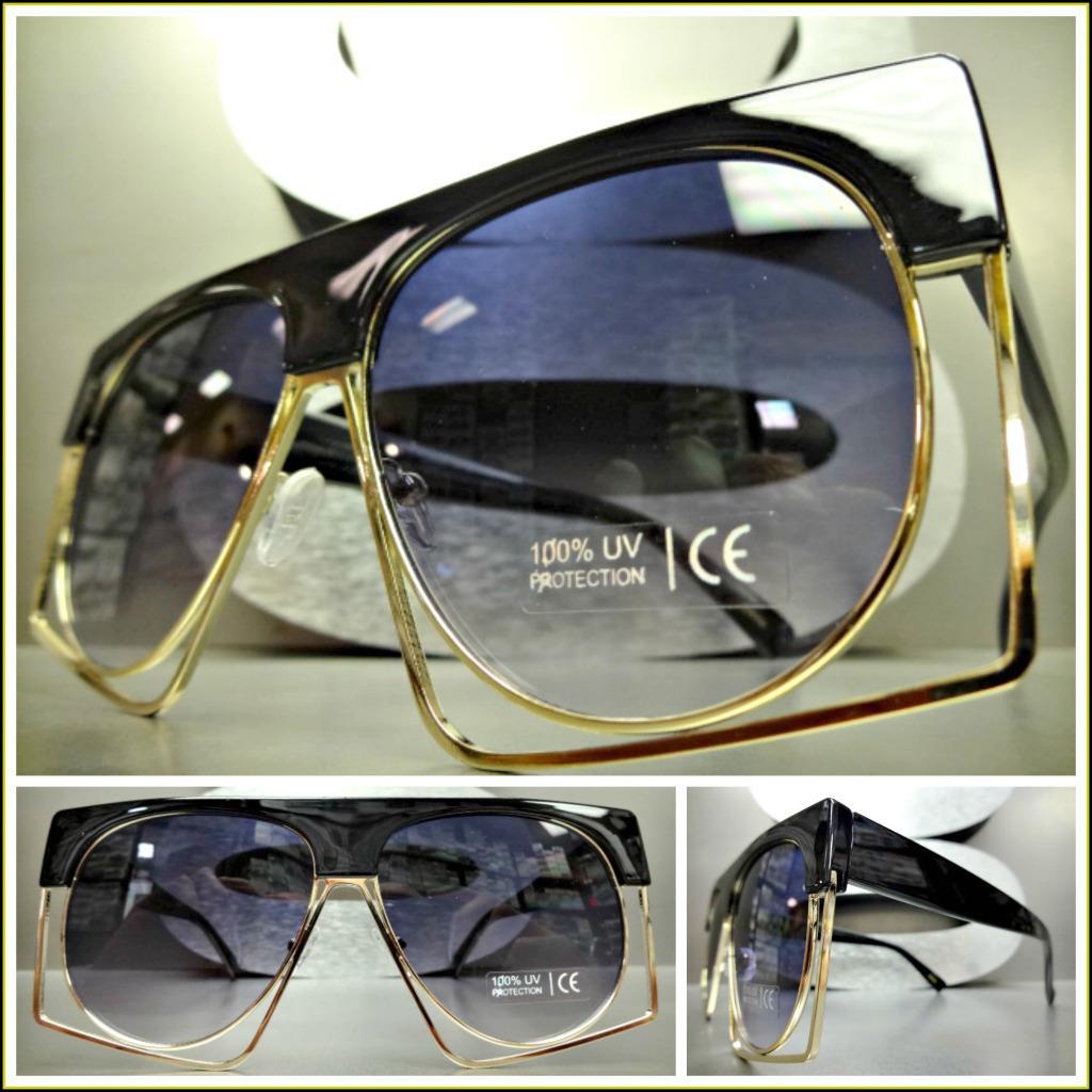 OVERSIZED Exotic VINTAGE RETRO Style SUN GLASSES Unique Funky Black & Gold Frame