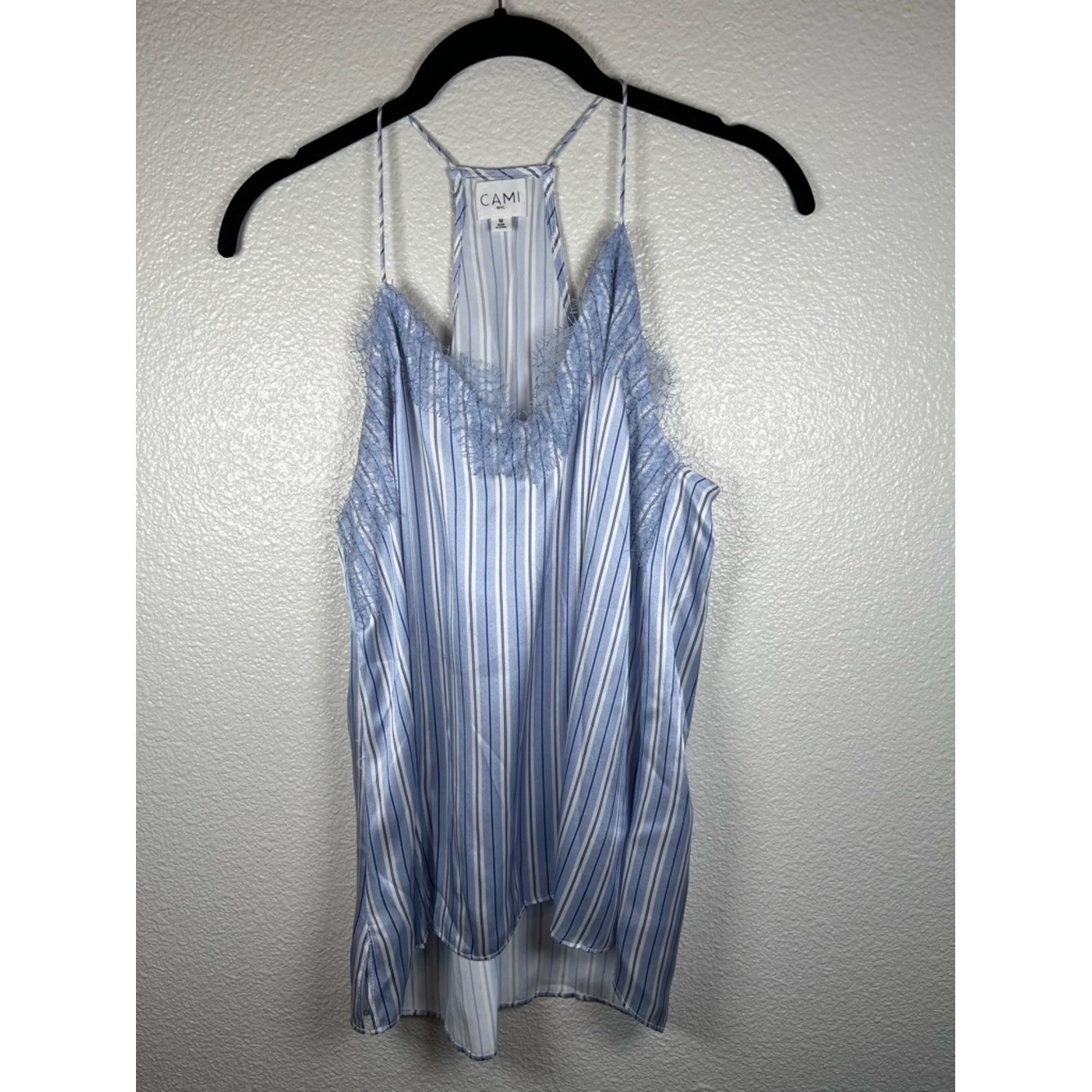 Cami NYC The Racer 100% Silk Lace Trim Camisole Blue & White Pinstripe MD
