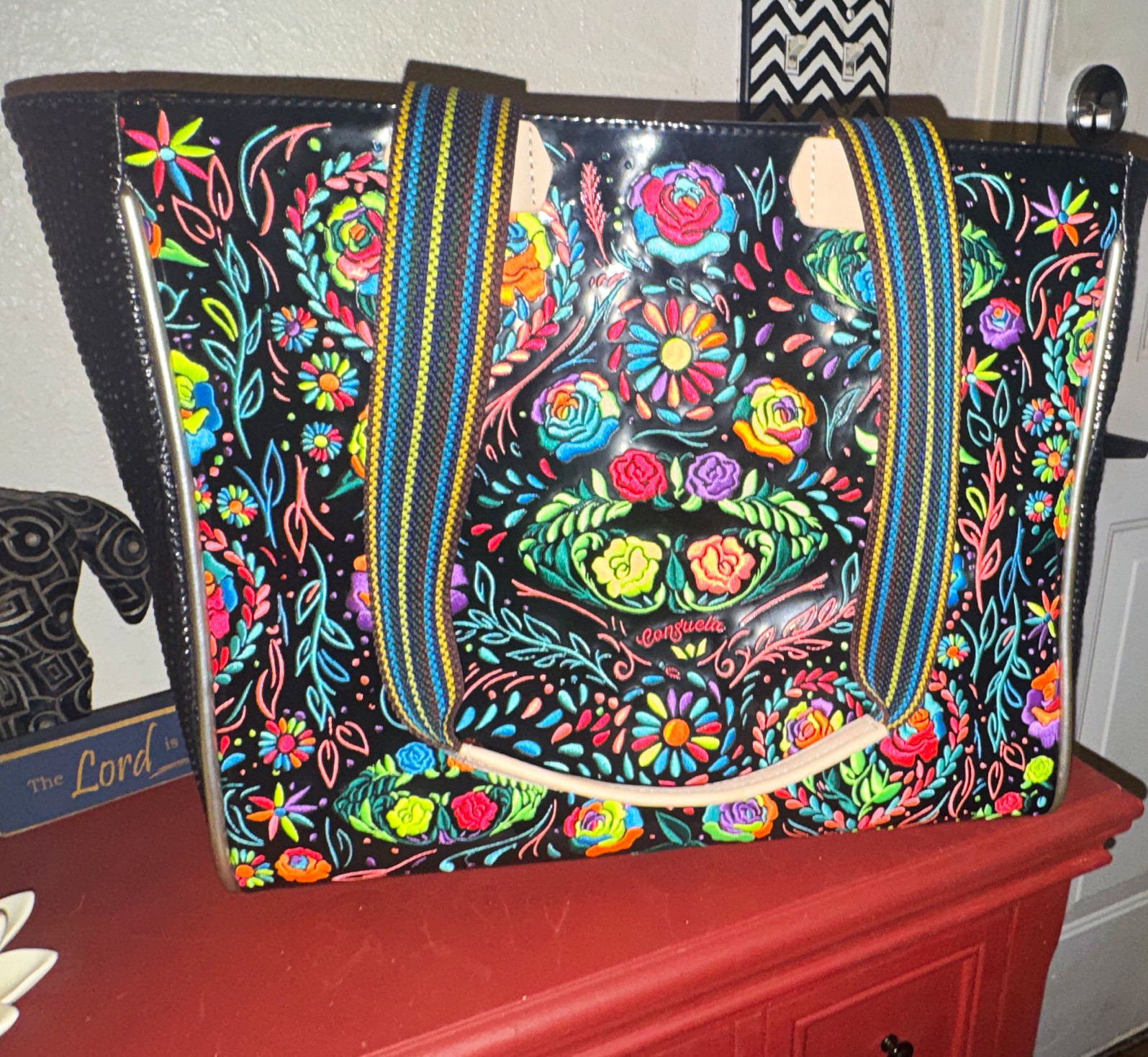 Consuela Large Floral Multicolor/Black Coated Zip Lined Tote, Double Handles