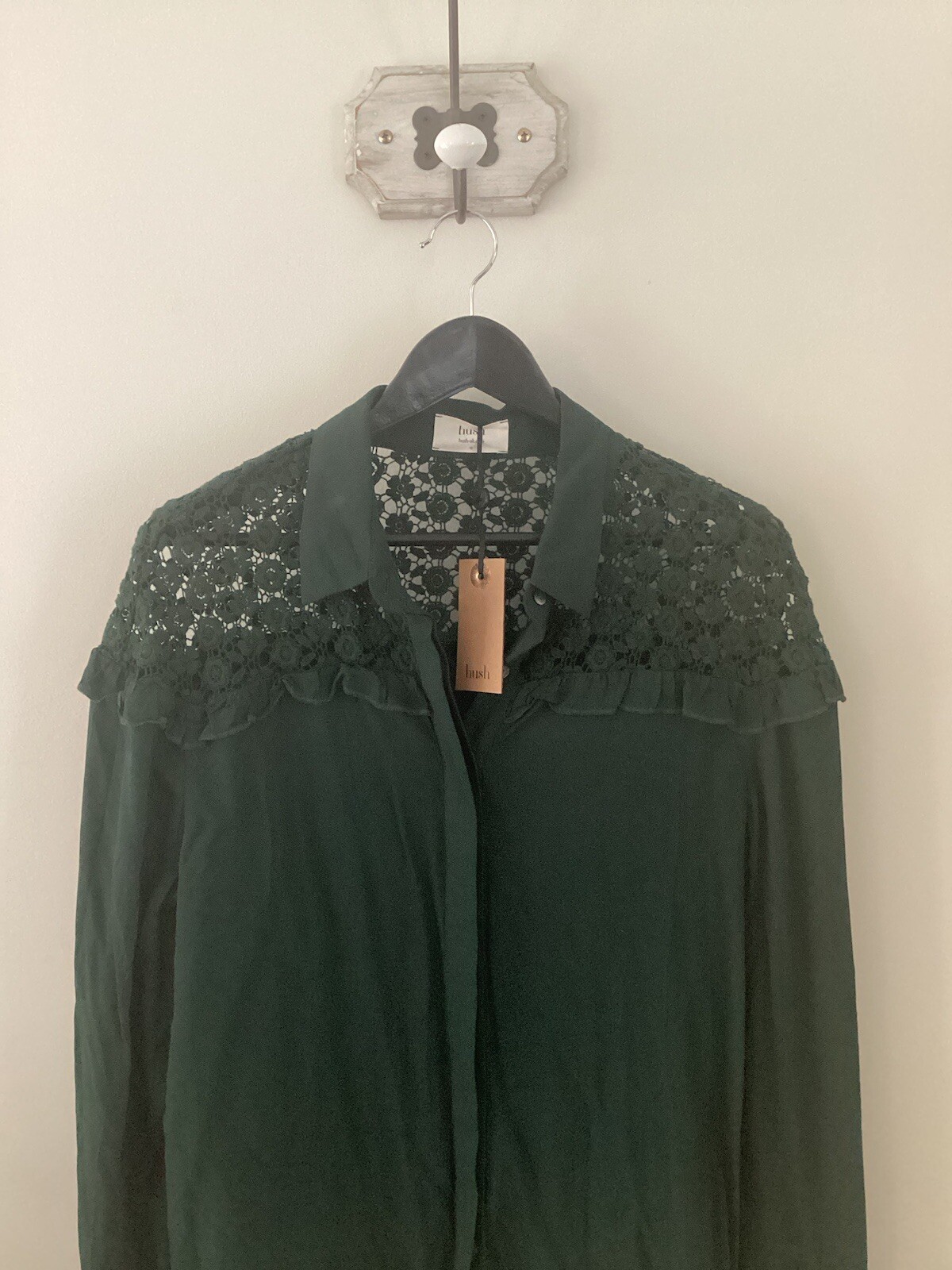 Hush Blouse, UK 12, Dark Green (Pine) Brooklyn Lace Blouse, BNWT
