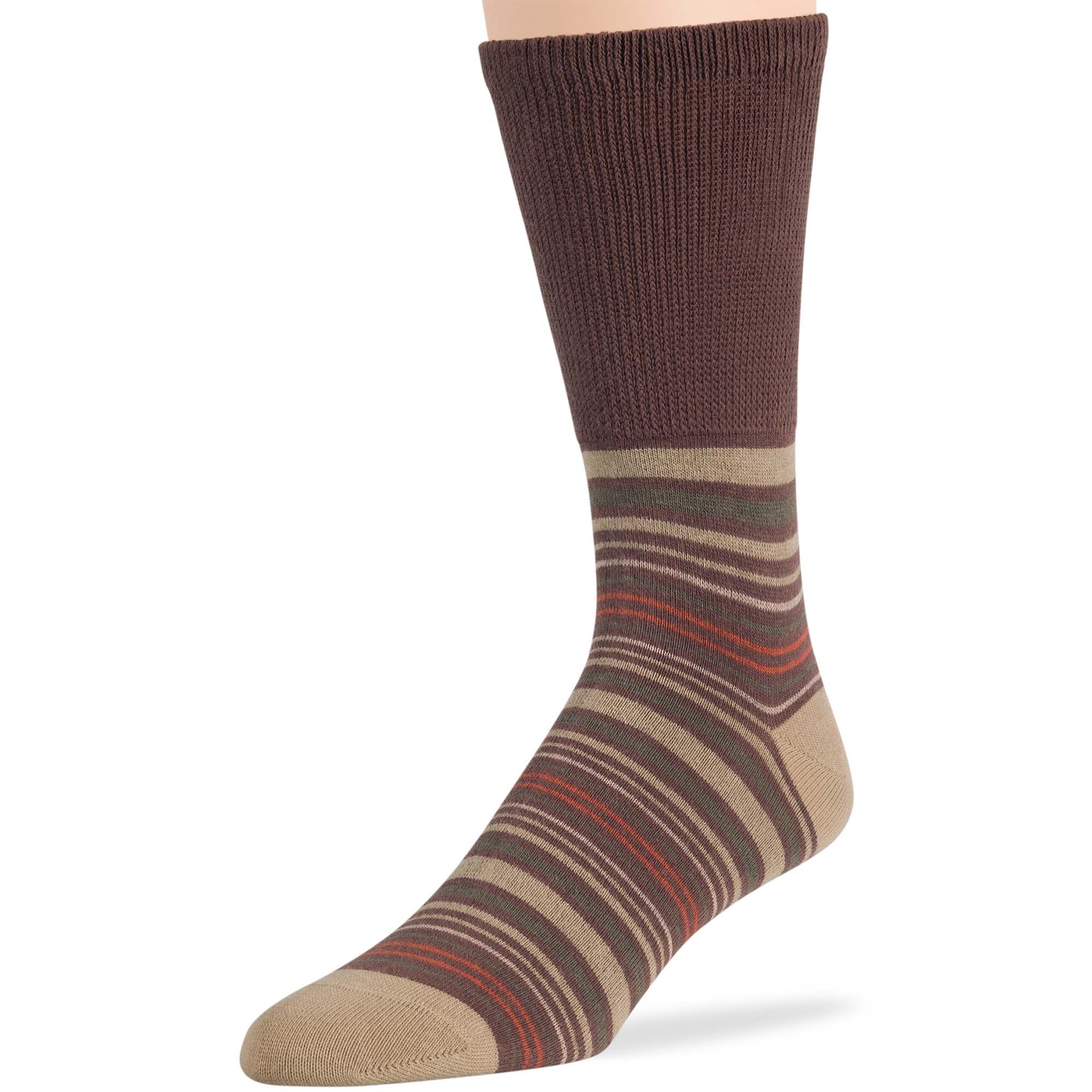 Men Diabetic Wide Cotton Crew Sock 5 Pack Large-Stripe Khaki, Brown, Beige