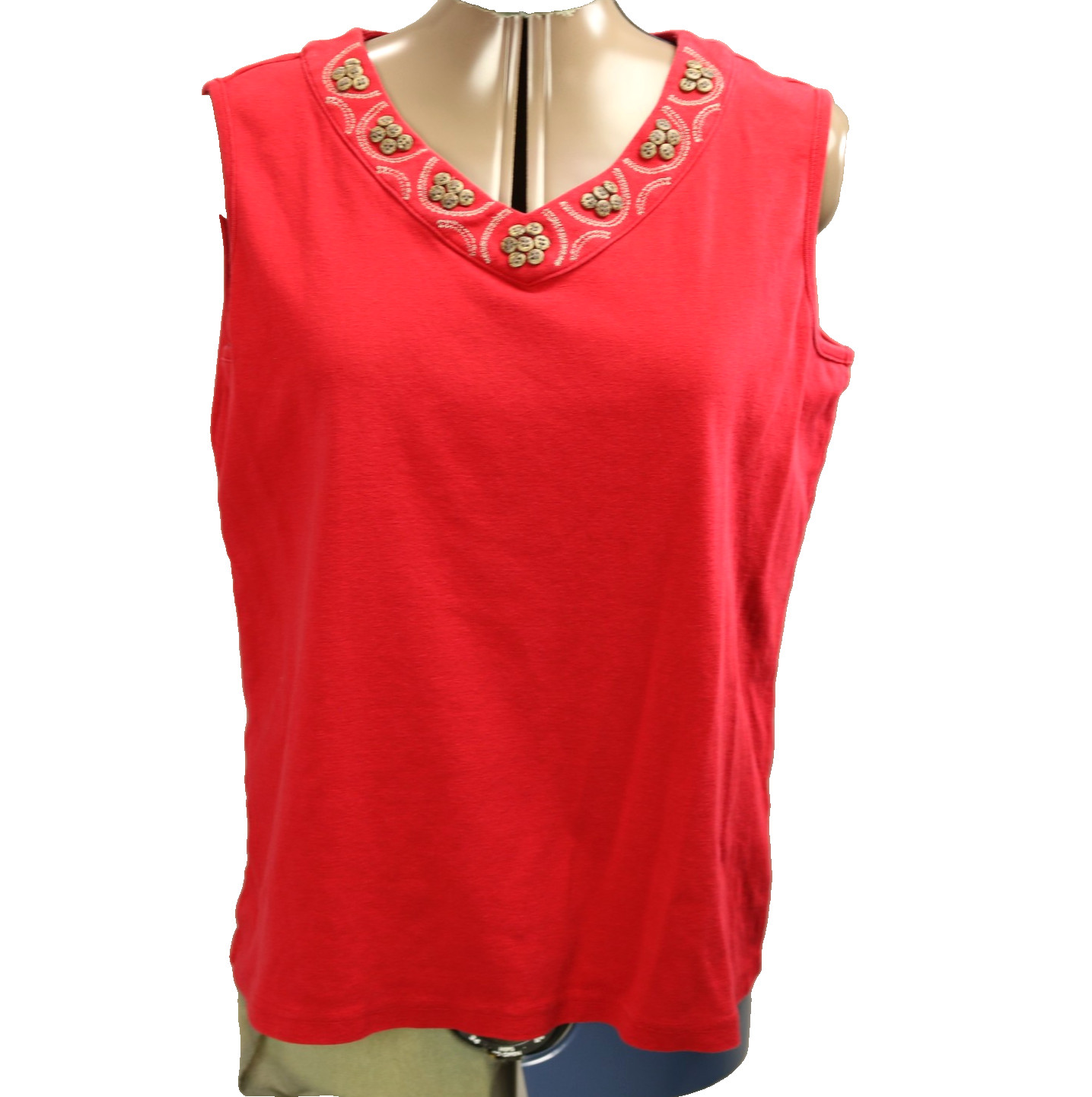 Christopher & Banks Button Accent V-Neck Sleeveless Knit Top Red L