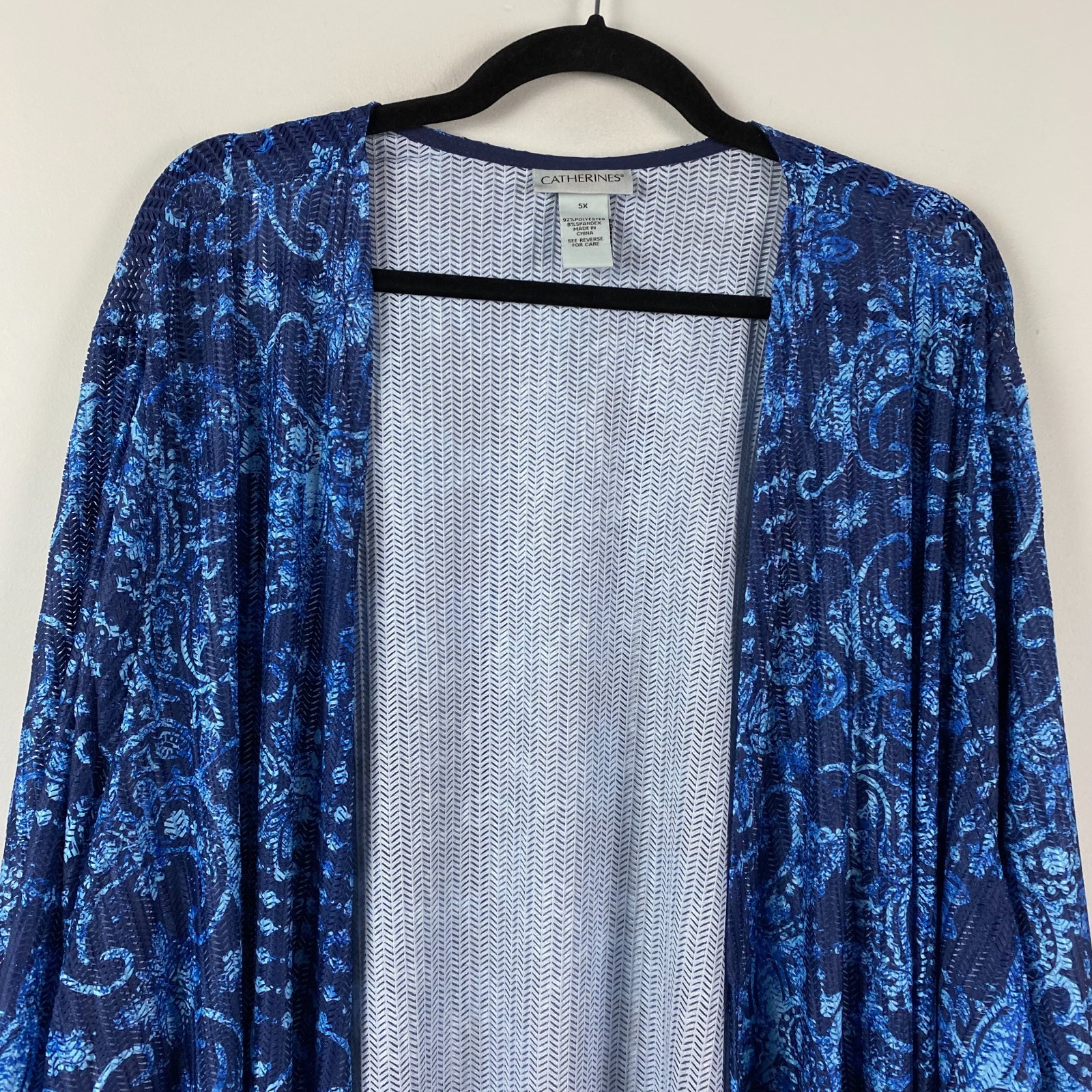 Catherines Open Front Cardigan Size 5X Blue Paisley 3/4 Sleeves Open Weave