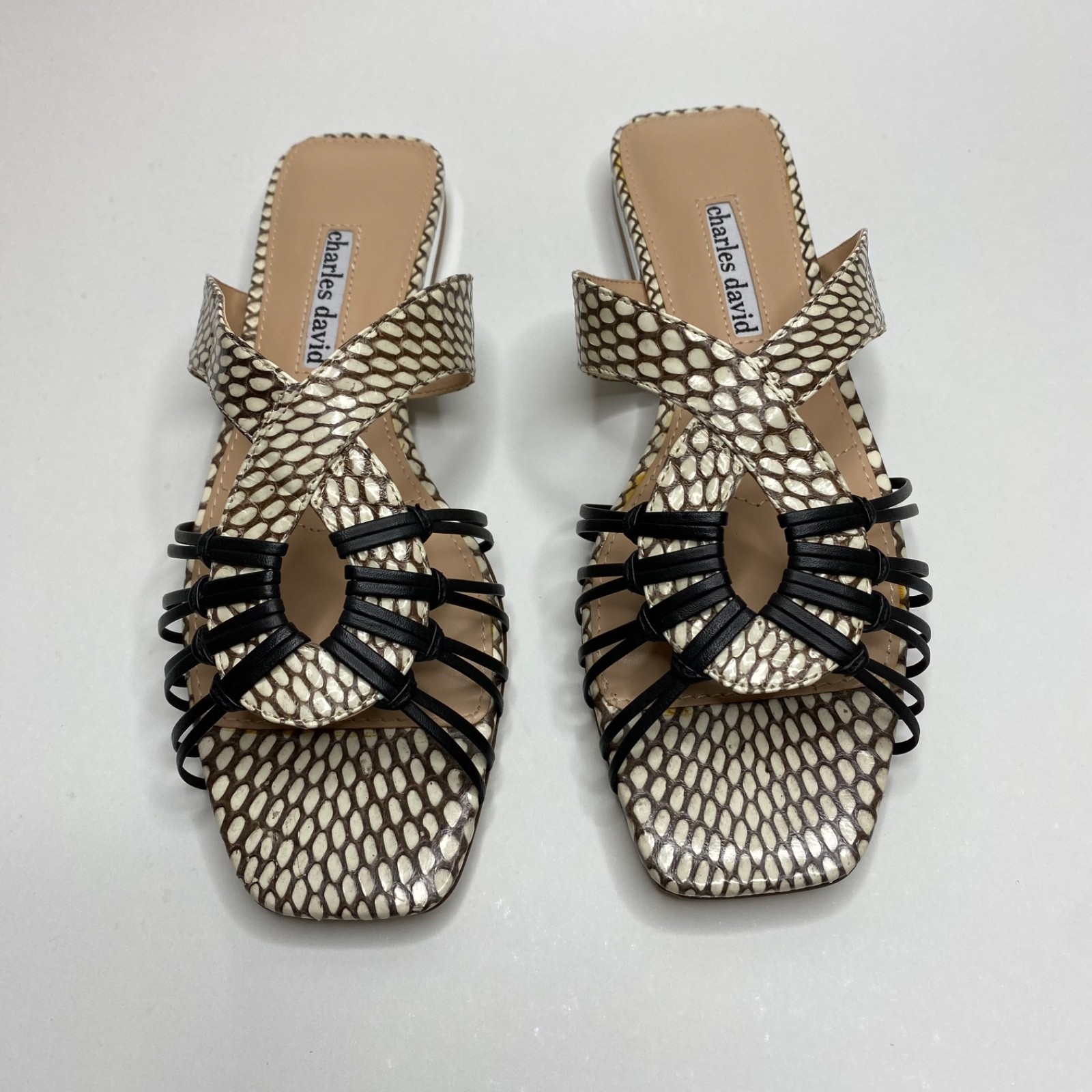 NEW Charles David Silvy Black White Snake Leather Sandals Women’s Size 6M