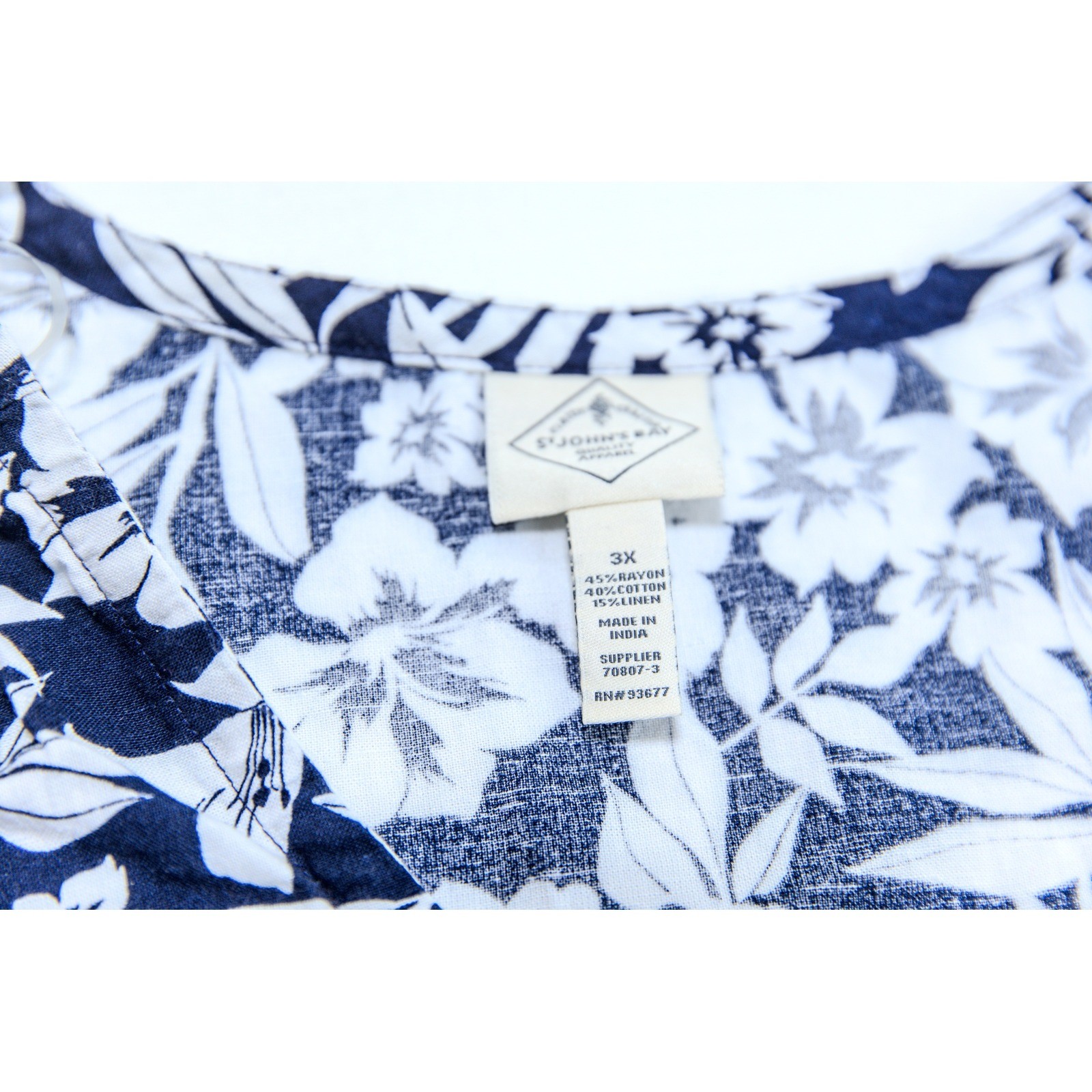 St Johns Bay Navy Blue White Tropical Floral Linen Blend Ruffle Top 3X 70807-3