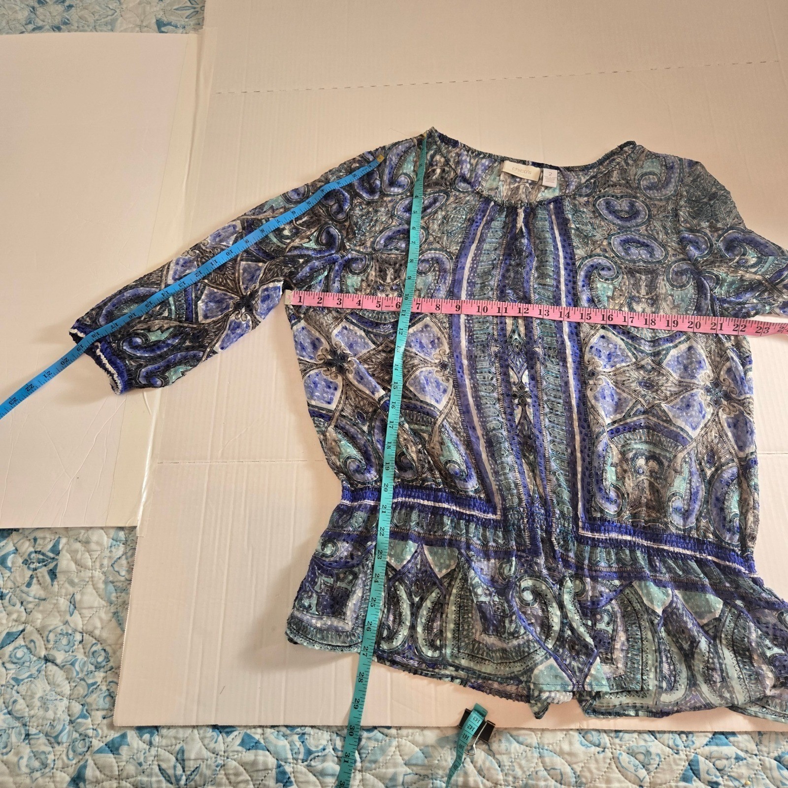 Chicos Silk Blend Womens Blouse Blue Size 2 Sheer Paisley Smocked Peplum