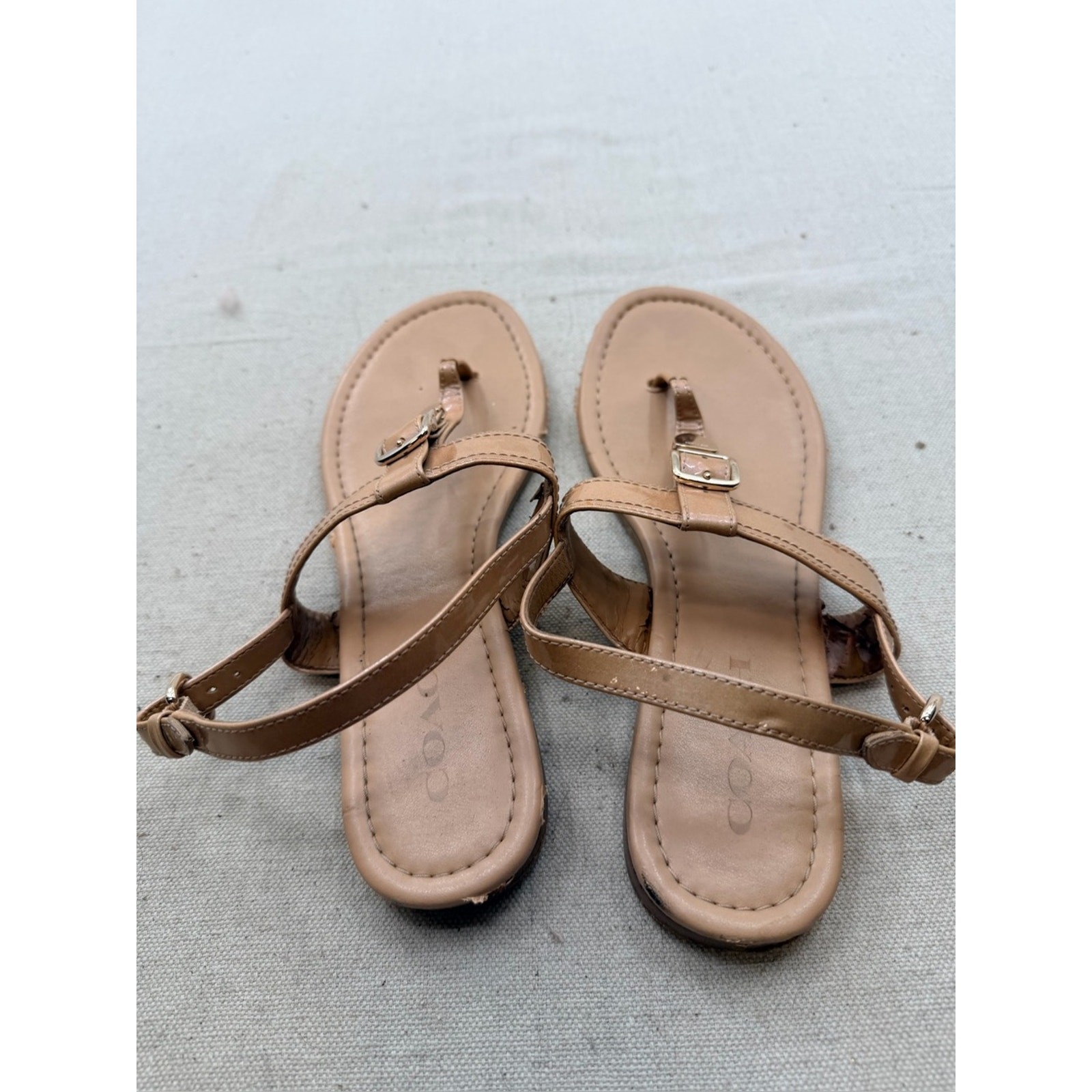 Coach Cassidy Nude/Tan Leather T-Strap Sandals with Buckle