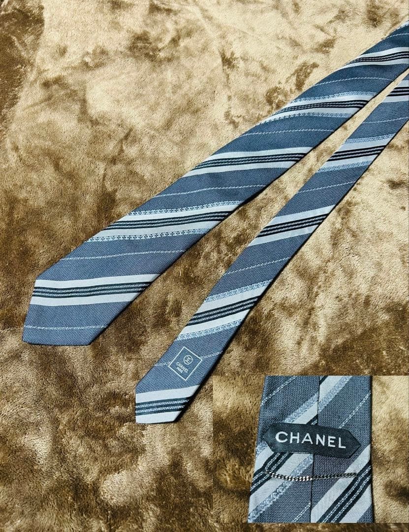CHANEL Tie Charcoal Gray Silk Striped Logo Chain 8.3cm Width