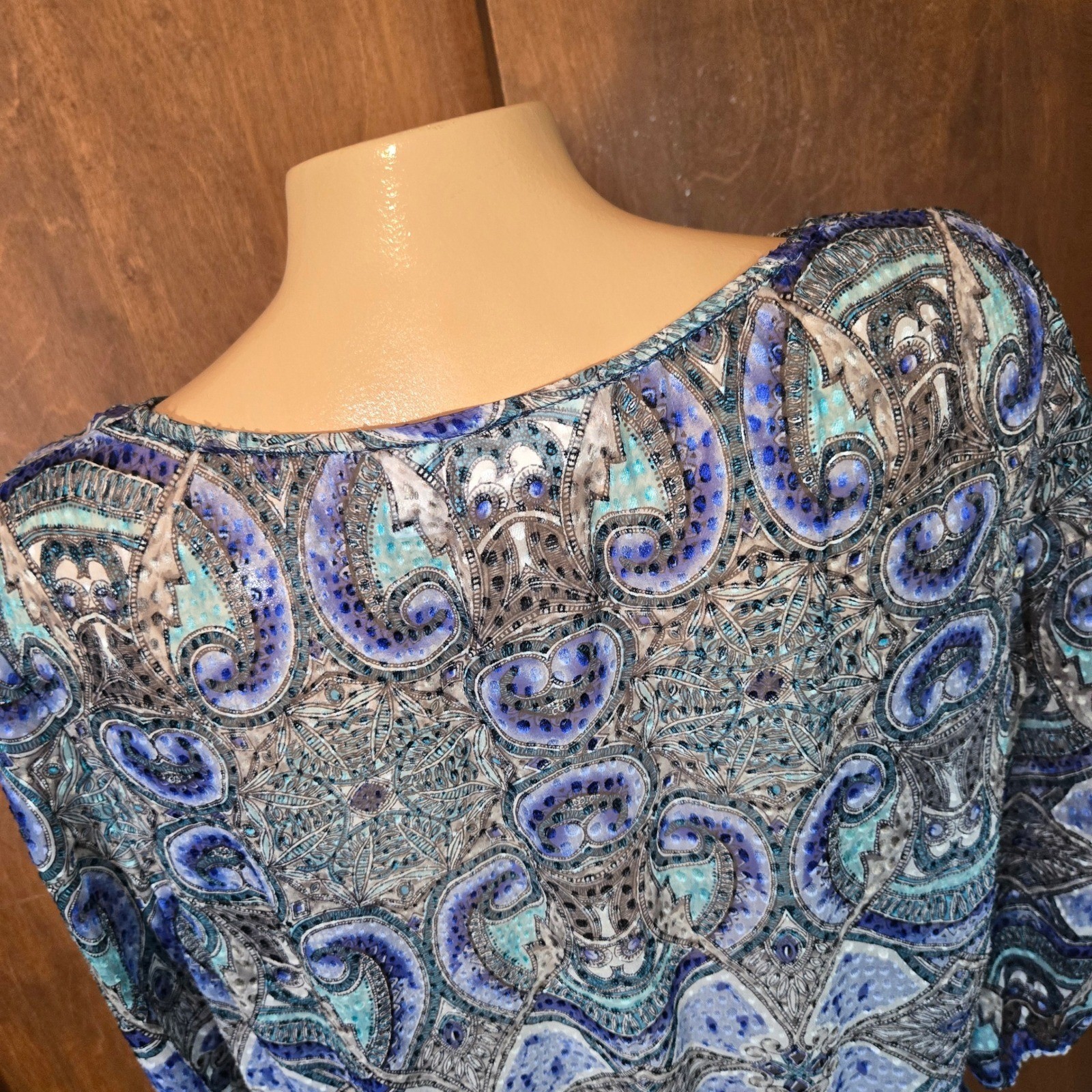 Chicos Silk Blend Womens Blouse Blue Size 2 Sheer Paisley Smocked Peplum