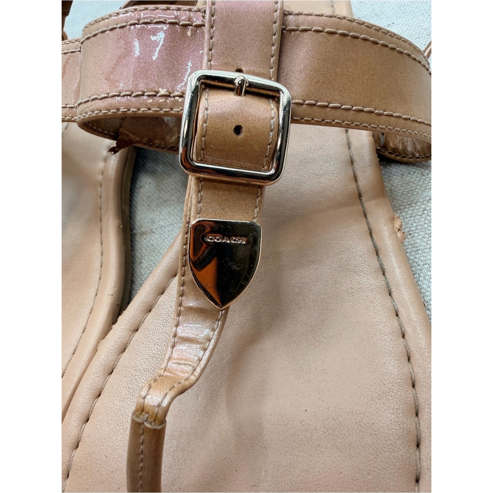 Coach Cassidy Nude/Tan Leather T-Strap Sandals with Buckle