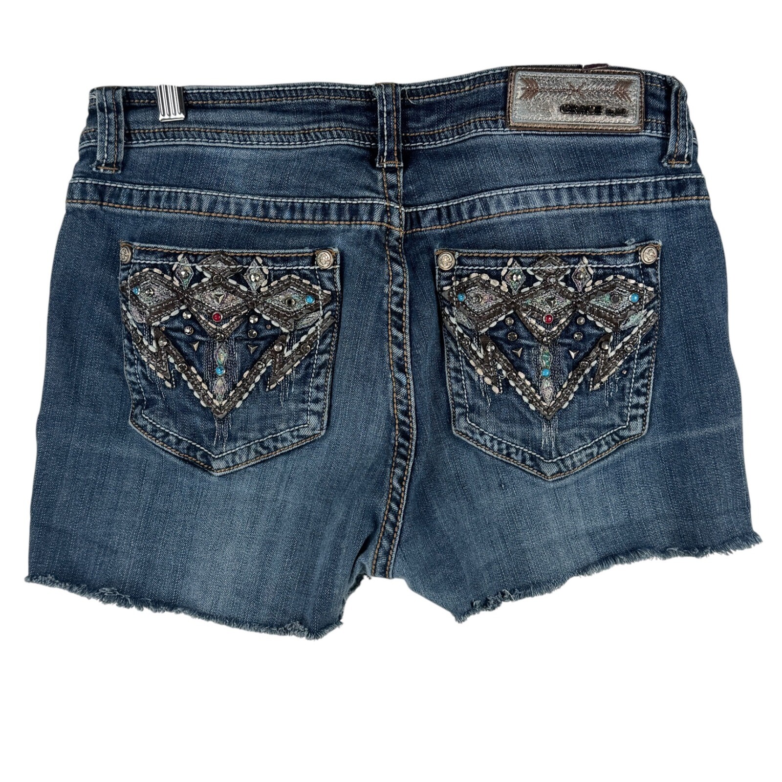 Grace in LA Denim Shorts Embellished Frayed Hem Blue Size 29 Heavy Stitch Y2K