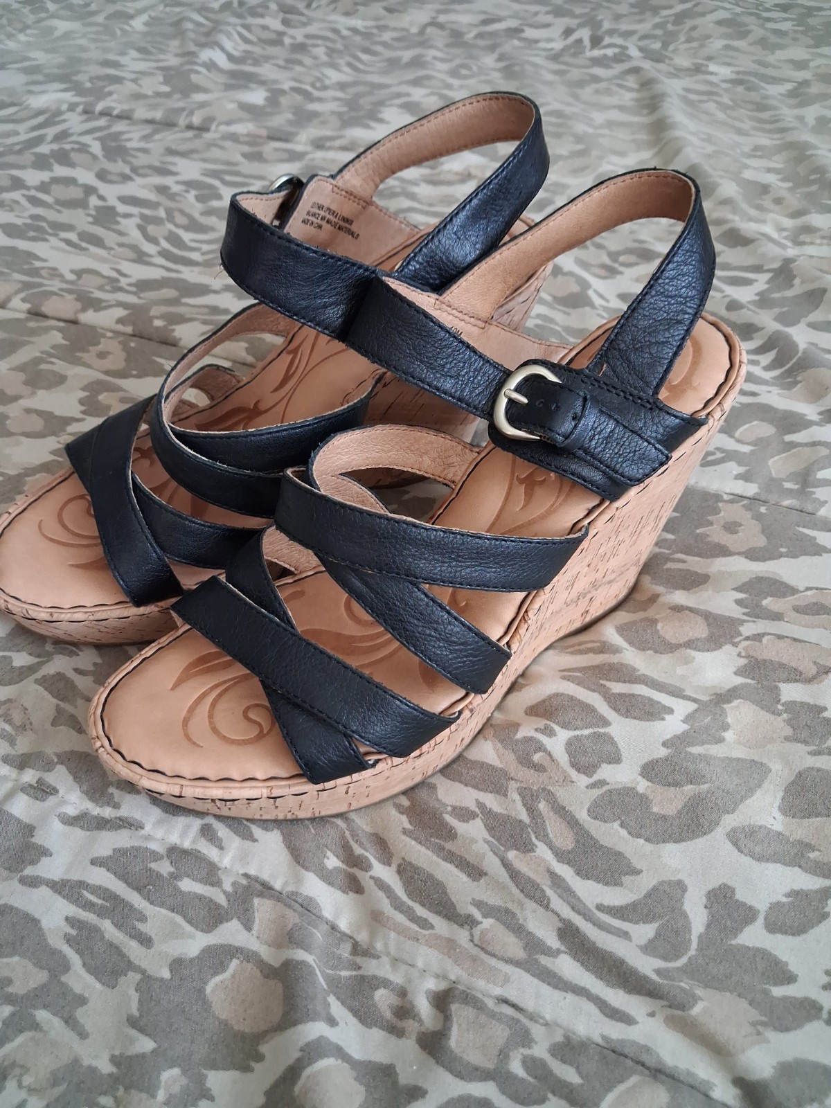 Born Black Leather Cork Wedge Sandals Women’s Size 10