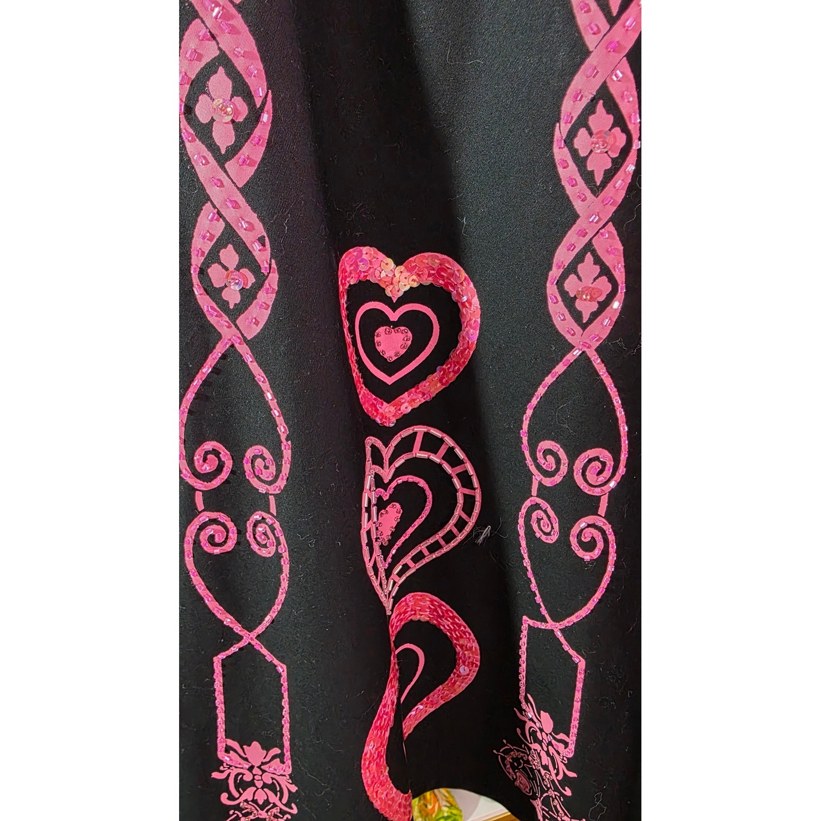 Cadi & Blu Vintage Midi Skirt Womens 8 Black Pink Heart Embroidery Sequin Lace
