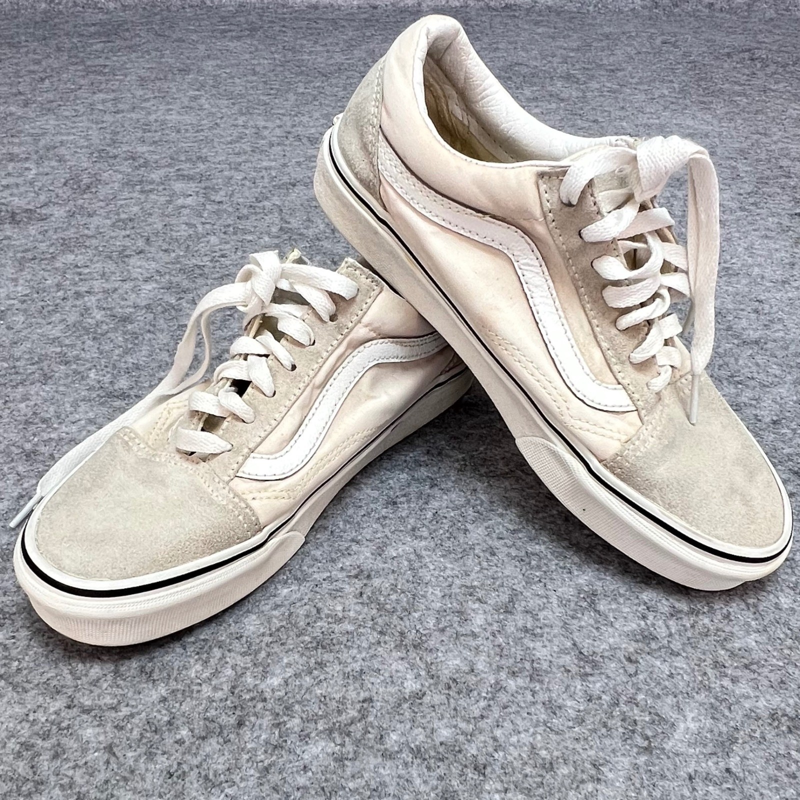 Vans Old Skool Low Top Sneakers Cream Tan Suede Canvas Retro Men 5.5 Women 7