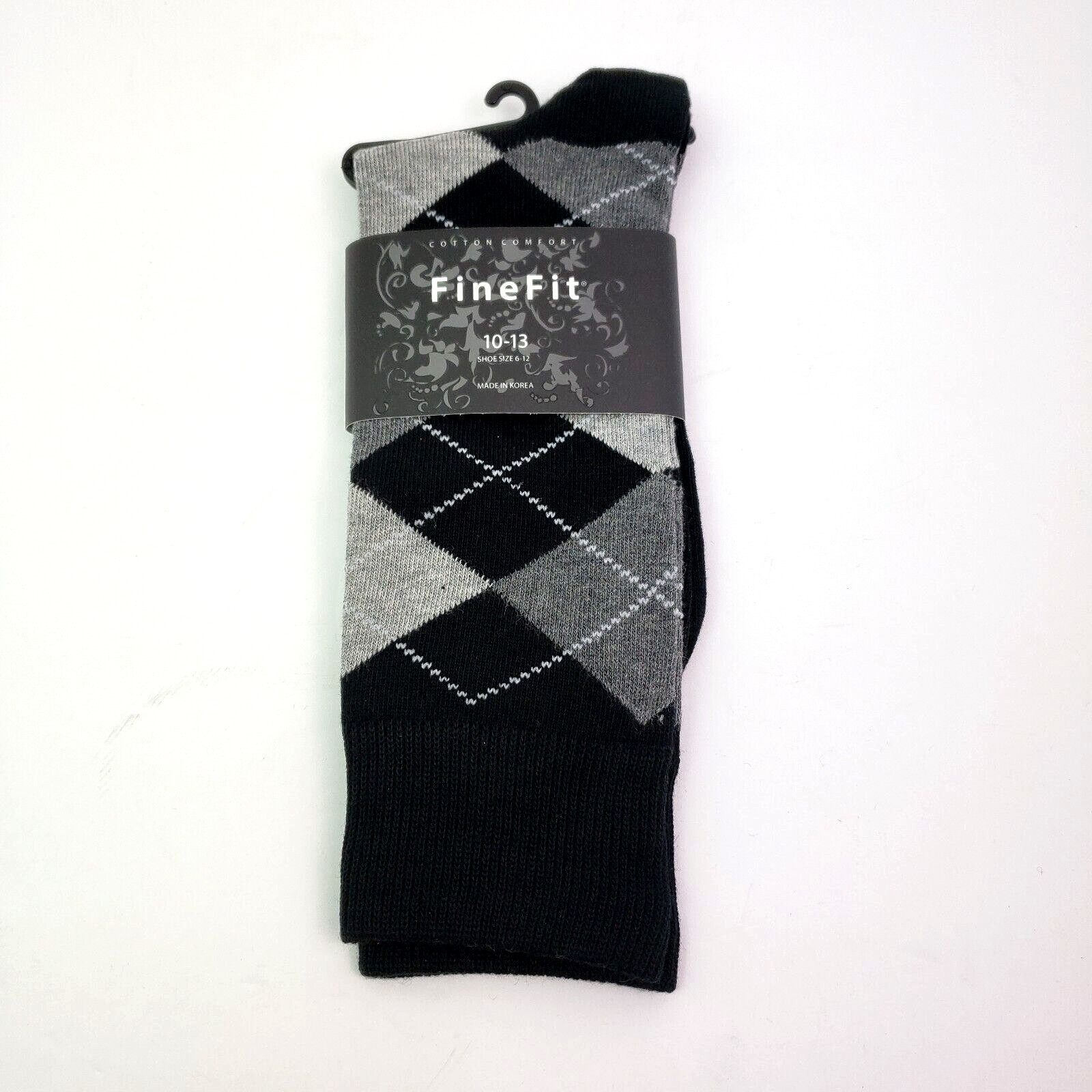 FineFit Cotton Comfort Mens Size 6-12 Black Gray Dress Formal Crew Socks 1 Pair