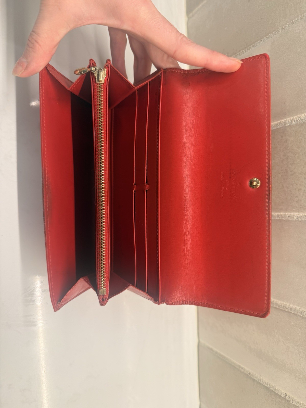 Louis Vuitton Red Monogram Wallet w/ Chain Strap, Snap Flap, Zip Coin Pocket