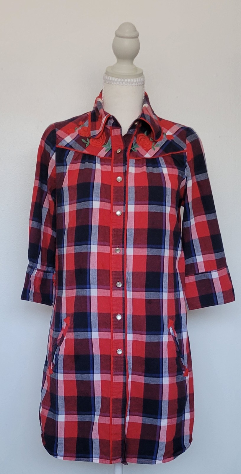 Twenty One Embroidered Plaid Western Shirt Dress Cowgirl Boho Festival Cottage S