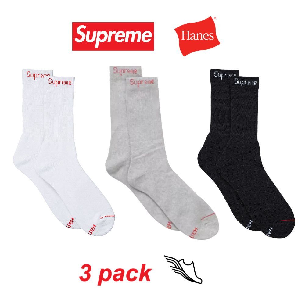 New & Authentic Supreme / Hanes White Black Gray Crew Socks – 3 Pack Variety