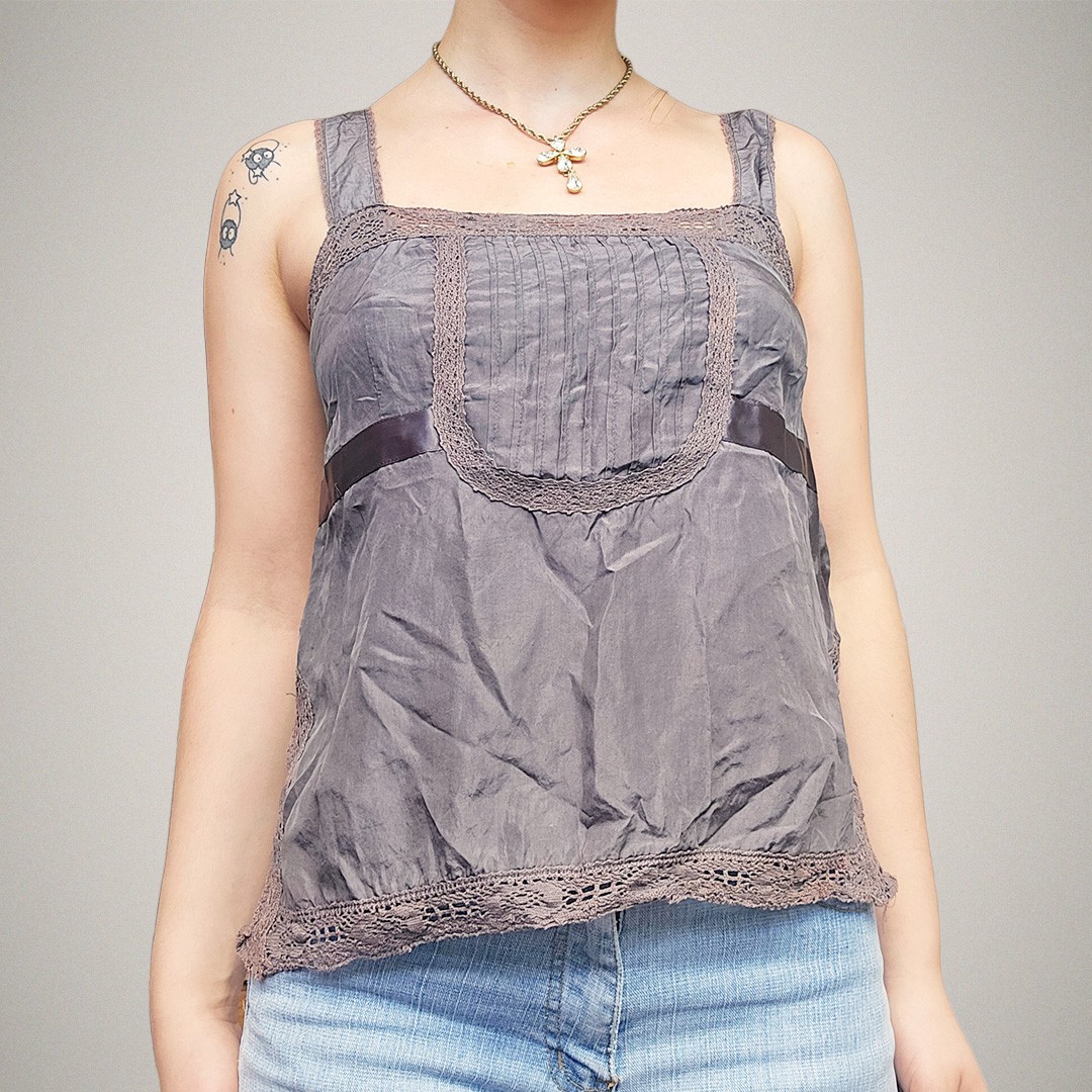 Gap Grey Lilac Silk Pinafore Cami Top Crochet Trim Y2K Boho Lace Vest Slit Side