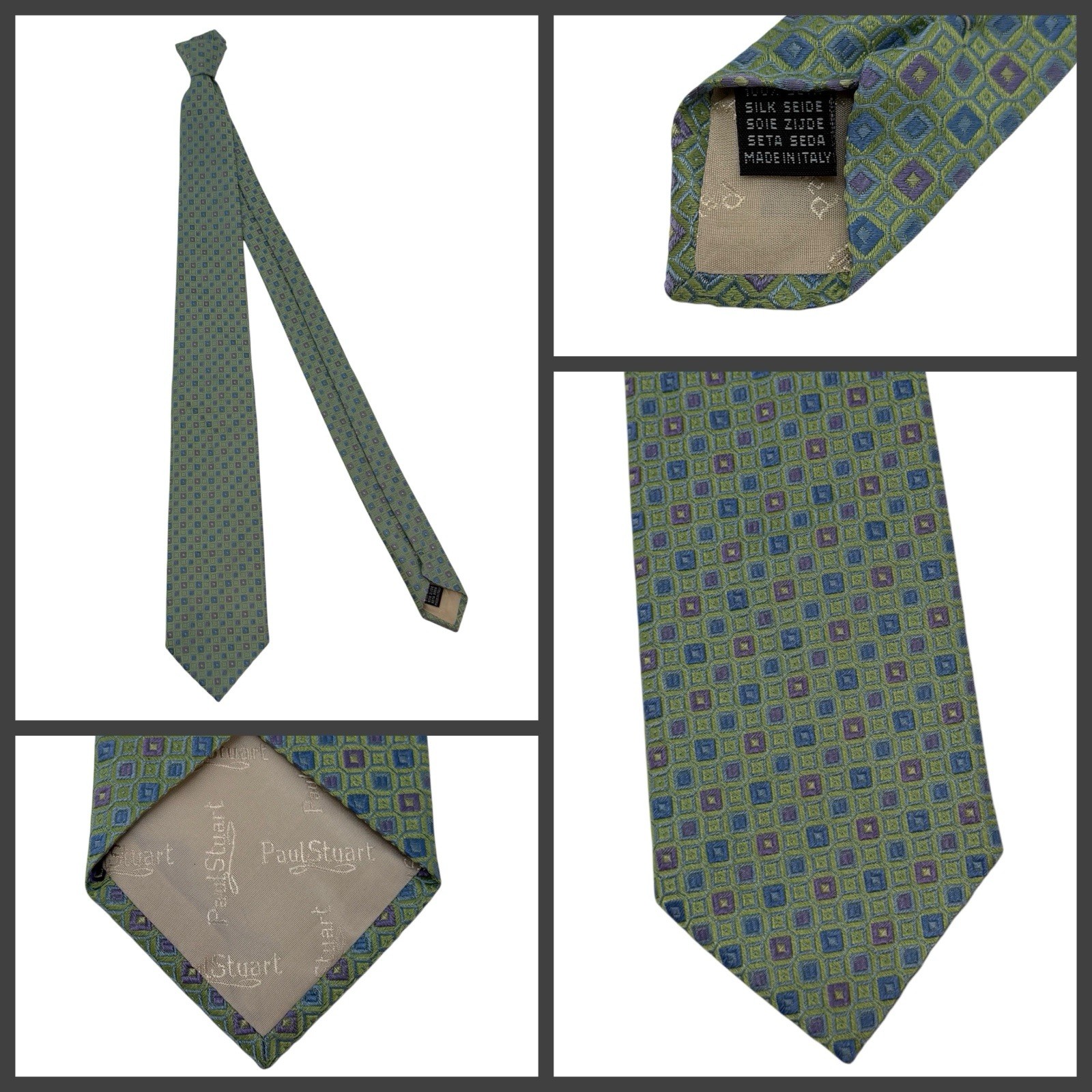 Paul Stuart Silk Tie Green Blue Purple Check Made In Italy 3.25″ x 58″ YGI T6100