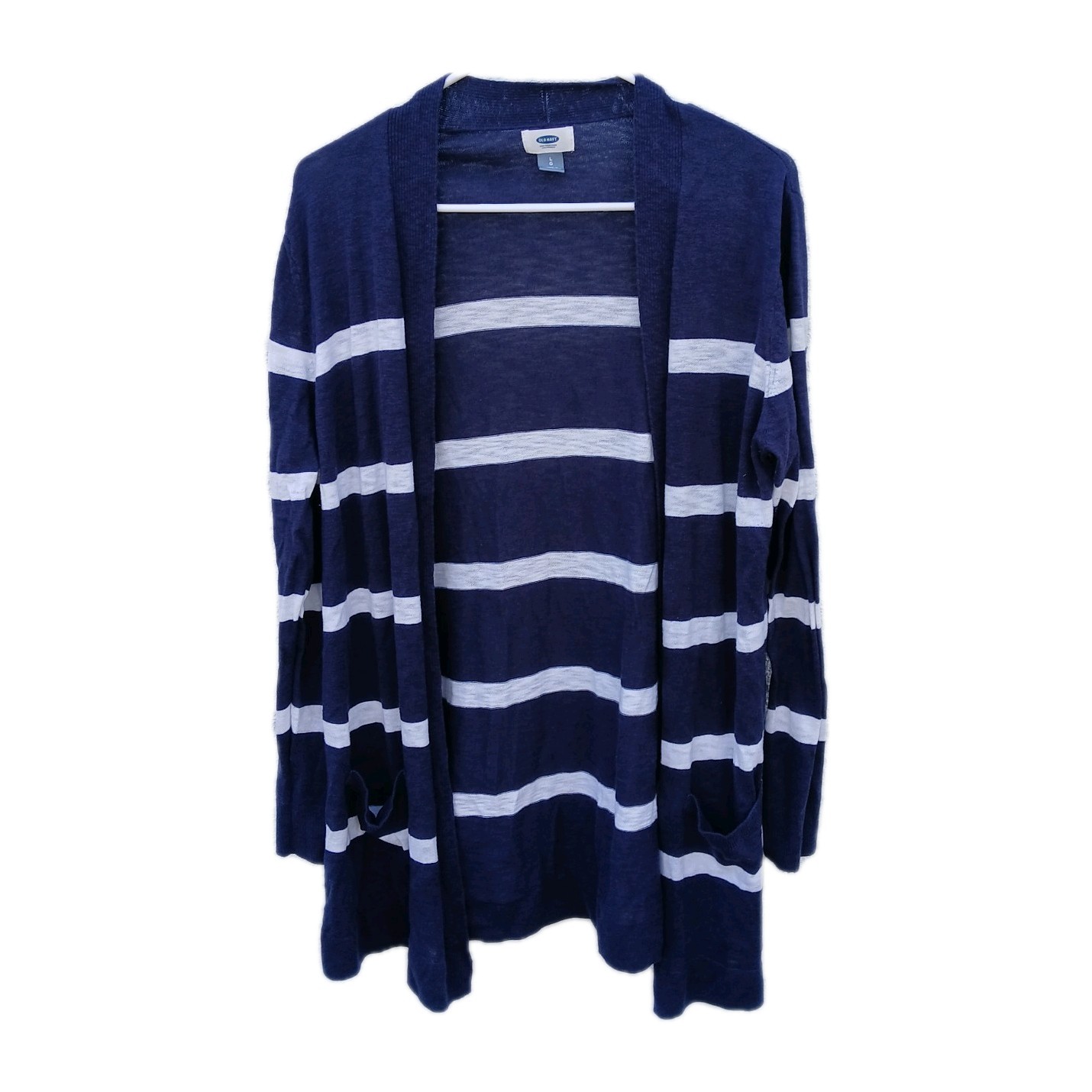 Old Navy Blue White Striped Knit Open Front Cardigan Sweater Pockets Size L