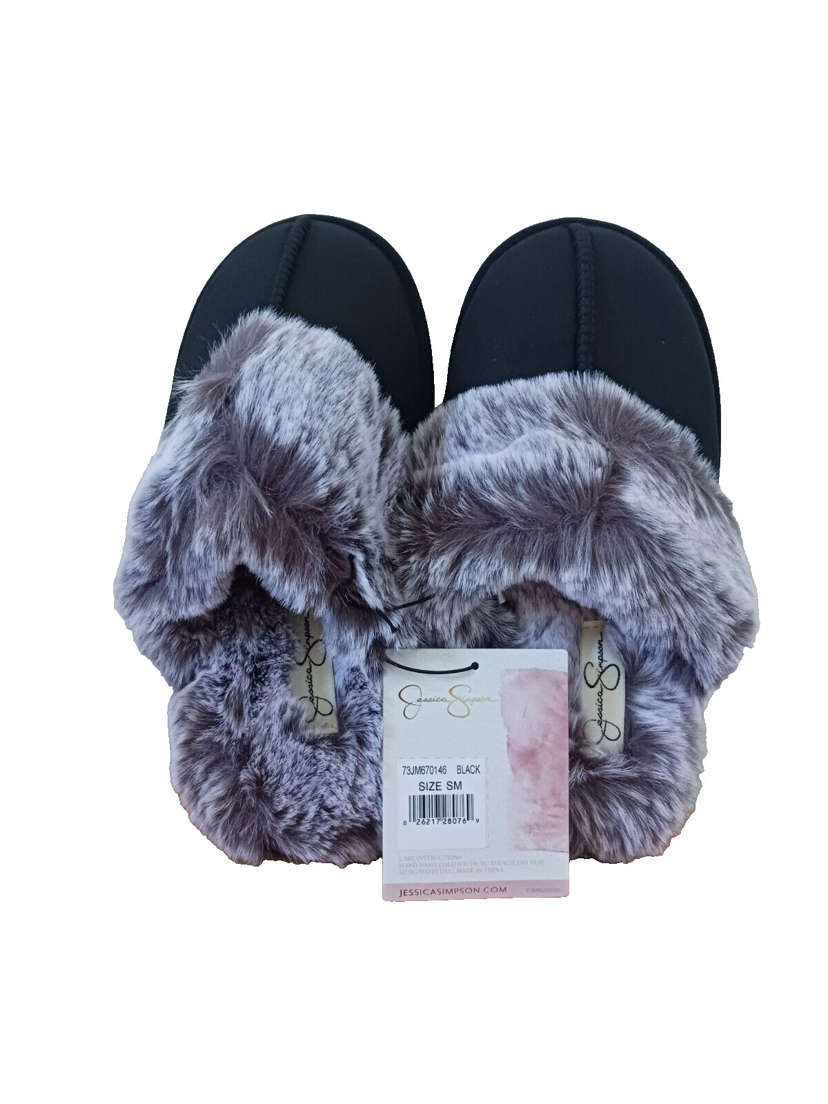Jessica Simpson Faux Fur Slippers Womens Size S 6-7 Black Memory Foam Cozy NWOB