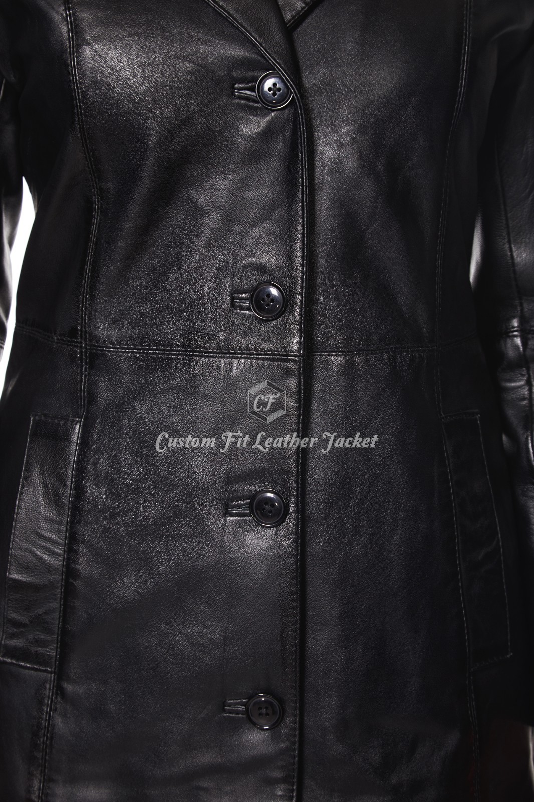 Ladies Leather Trench Coat Jacket Black Classic Knee-Length Designer Coat 3457