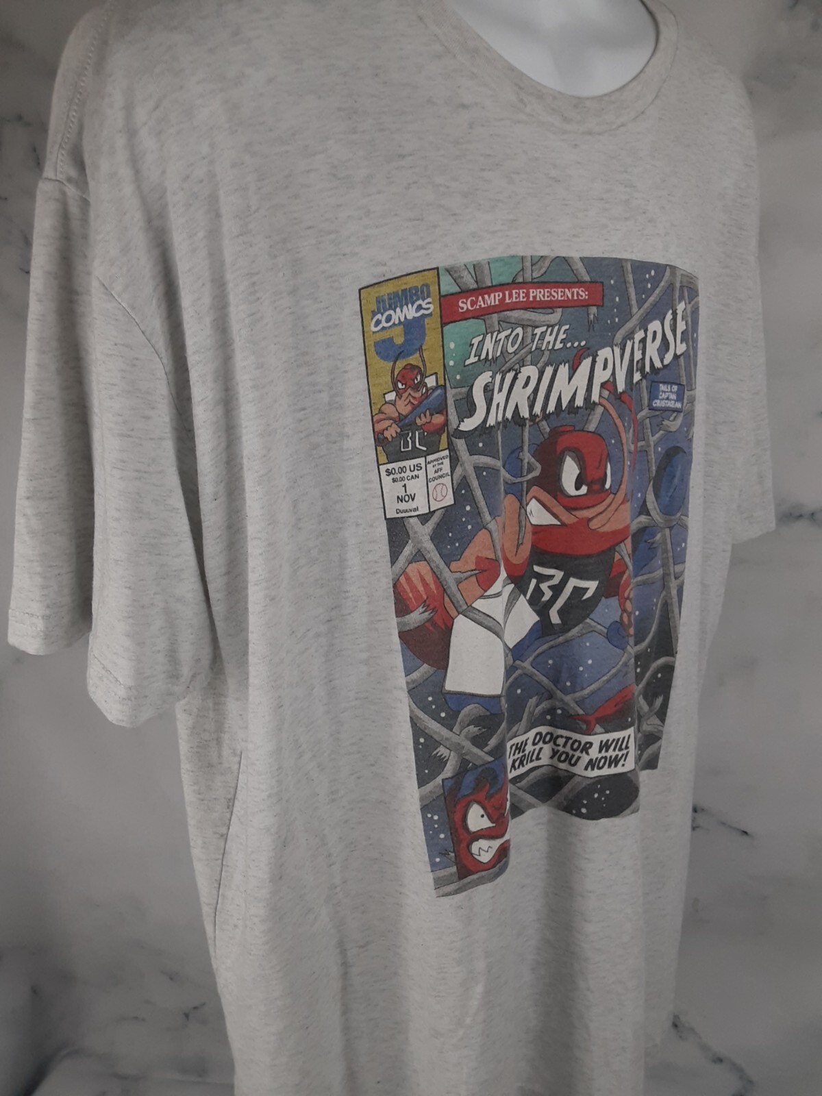 108 Stitches size 2XL Jumbo Comics Shrimpverse heather gray soft t shirt