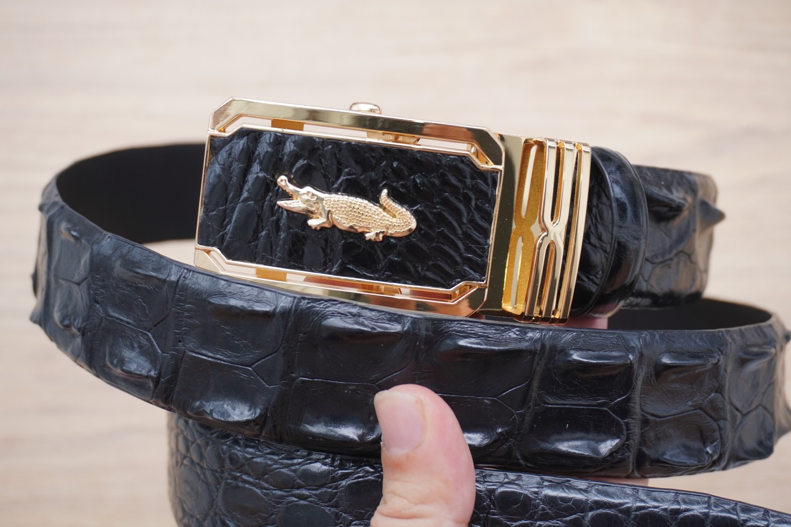 W1.3 inch Black Genuine Crocodile Hornback Leather Skin Men’s Belt Buckle #F26