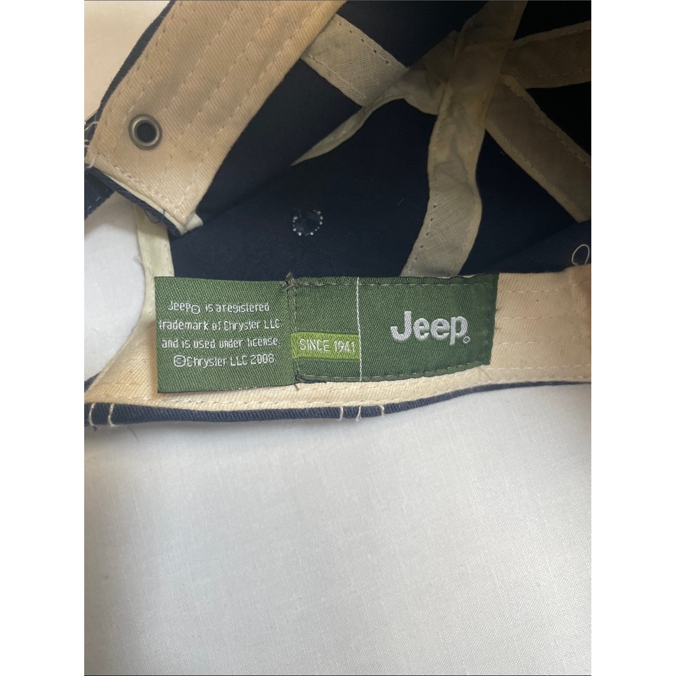 Jeep baseball cap dark blue white contrast stitching felt embroidered logo patch