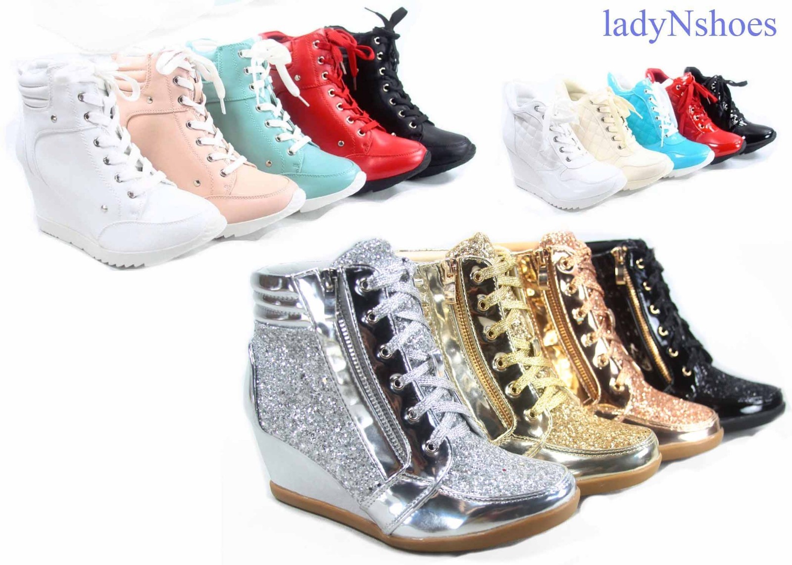 NEW Glitter Sneaker Women’s High Top Lace Up Wedge Booties Shoes Size 5.5 – 10