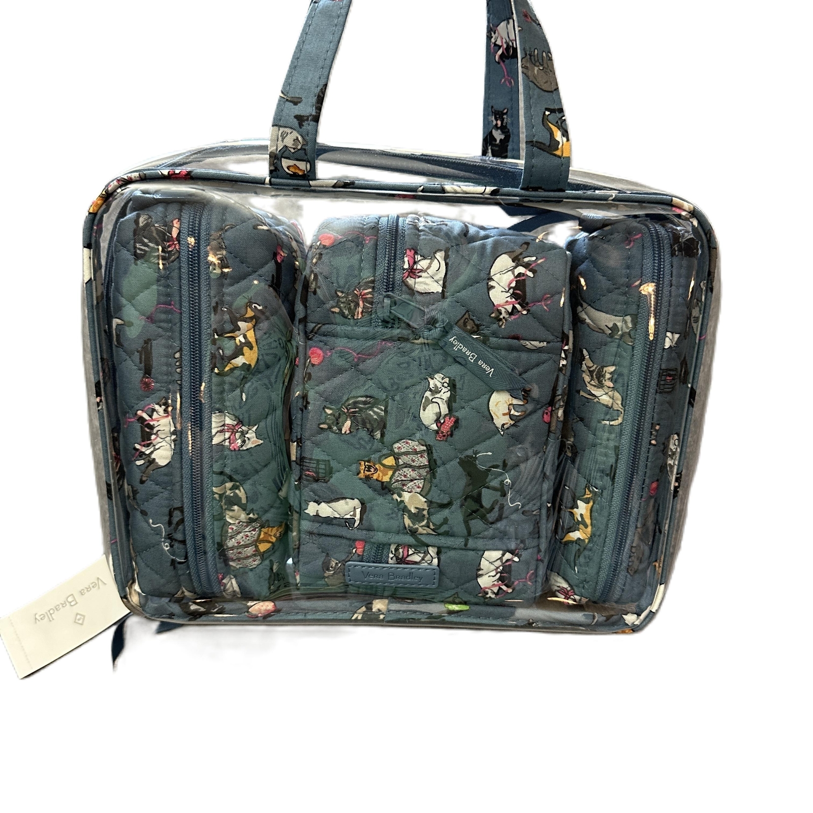 NWT Vera Bradley Cat Cats Meow Pattern Blue Quilted Cosmetic Organizer Set