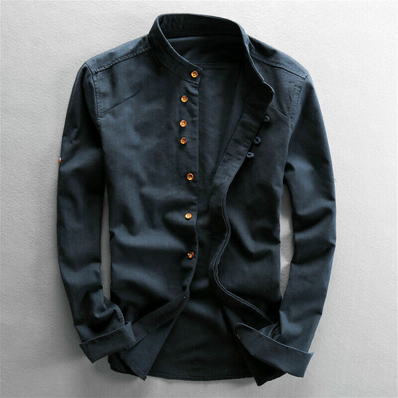 Cotton Linen Shirt Men Formal Retro Long Sleeve Mandarin Collar Frog Button Tops