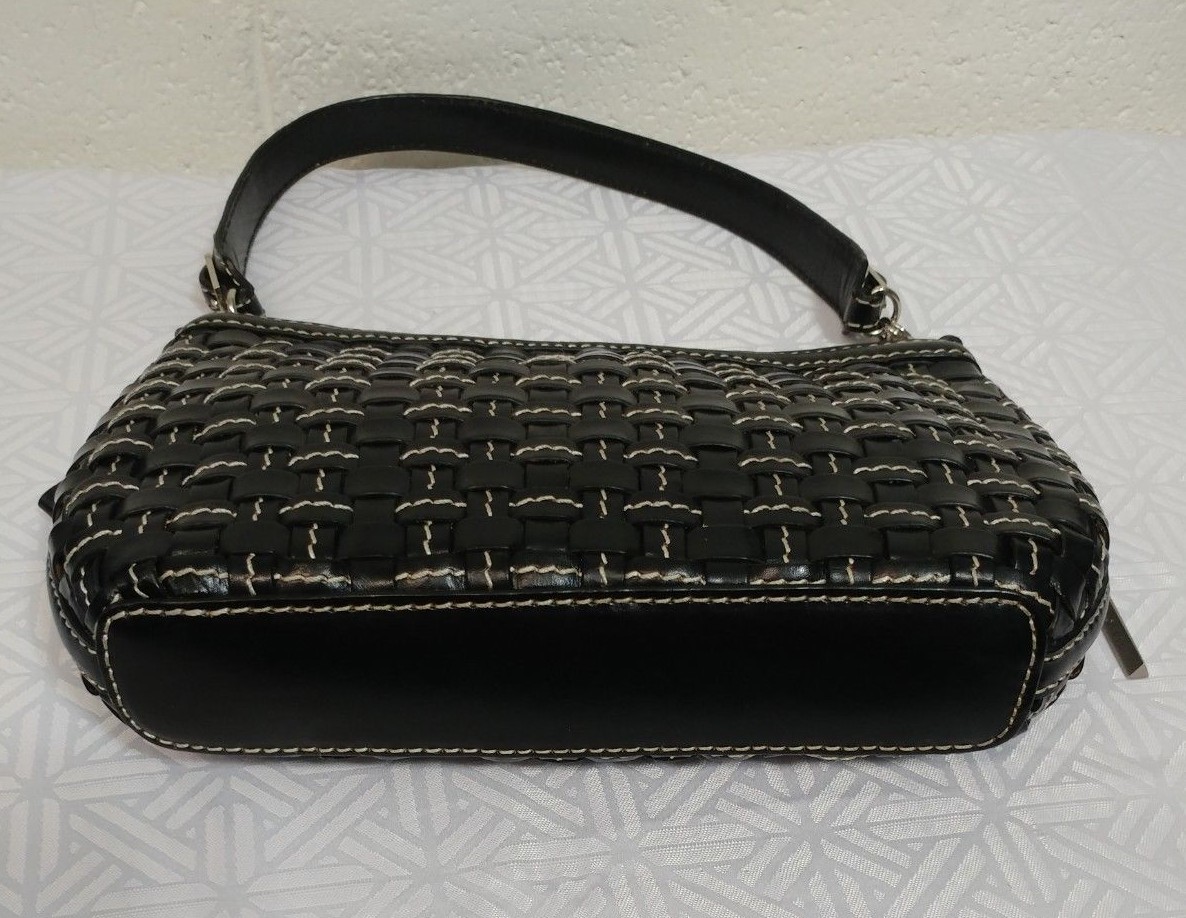 ELLIOTT LUCCA Woven BLACK LEATHER WHITE THREADED PURSE SHOULDER BAG Handbag