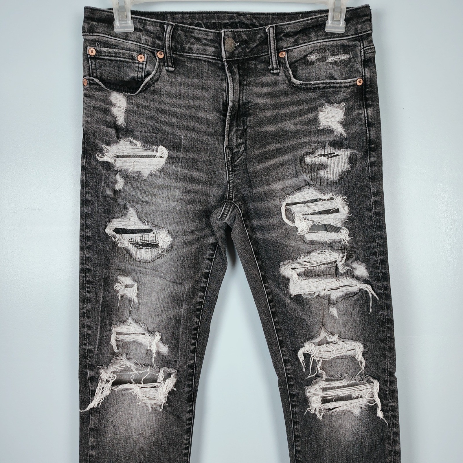 American Eagle Airflex+ Skinny Distressed Black Jeans Mens 32×33 grunge rock