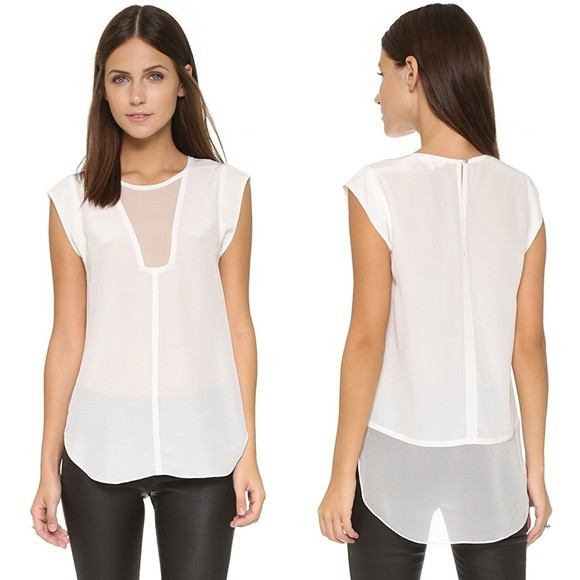 Rebecca Taylor Charlie Sheer Panel 100% Silk Top Blouse Ivory Sz 2 NWOT B23