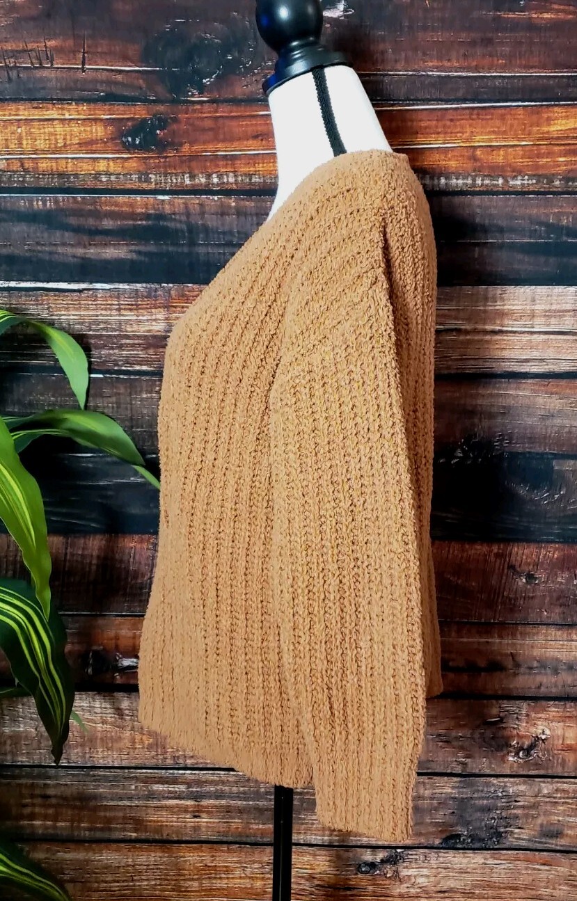BiBi Sweater Small Sherpa Knit Soft Braided Front V-Neck Plush Warm Caramel Bev