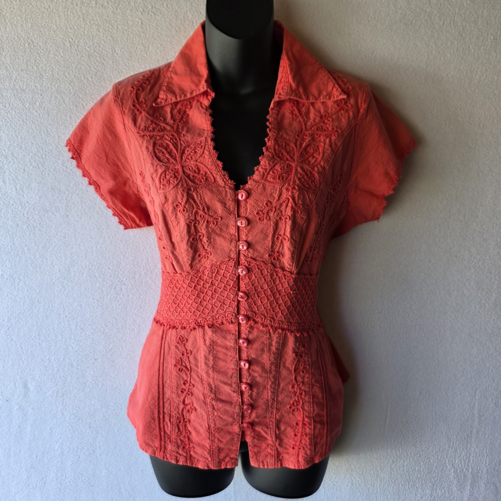 Inca Cottons Womens S Coral Red Embroidered Boho Lace Trim Button Up Top Blouse