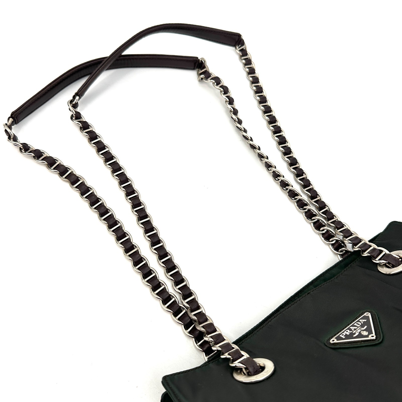 PRADA Shoulder Bag Cain Nylon Leather Green Khaki Triangle Logo Plate Black Auth