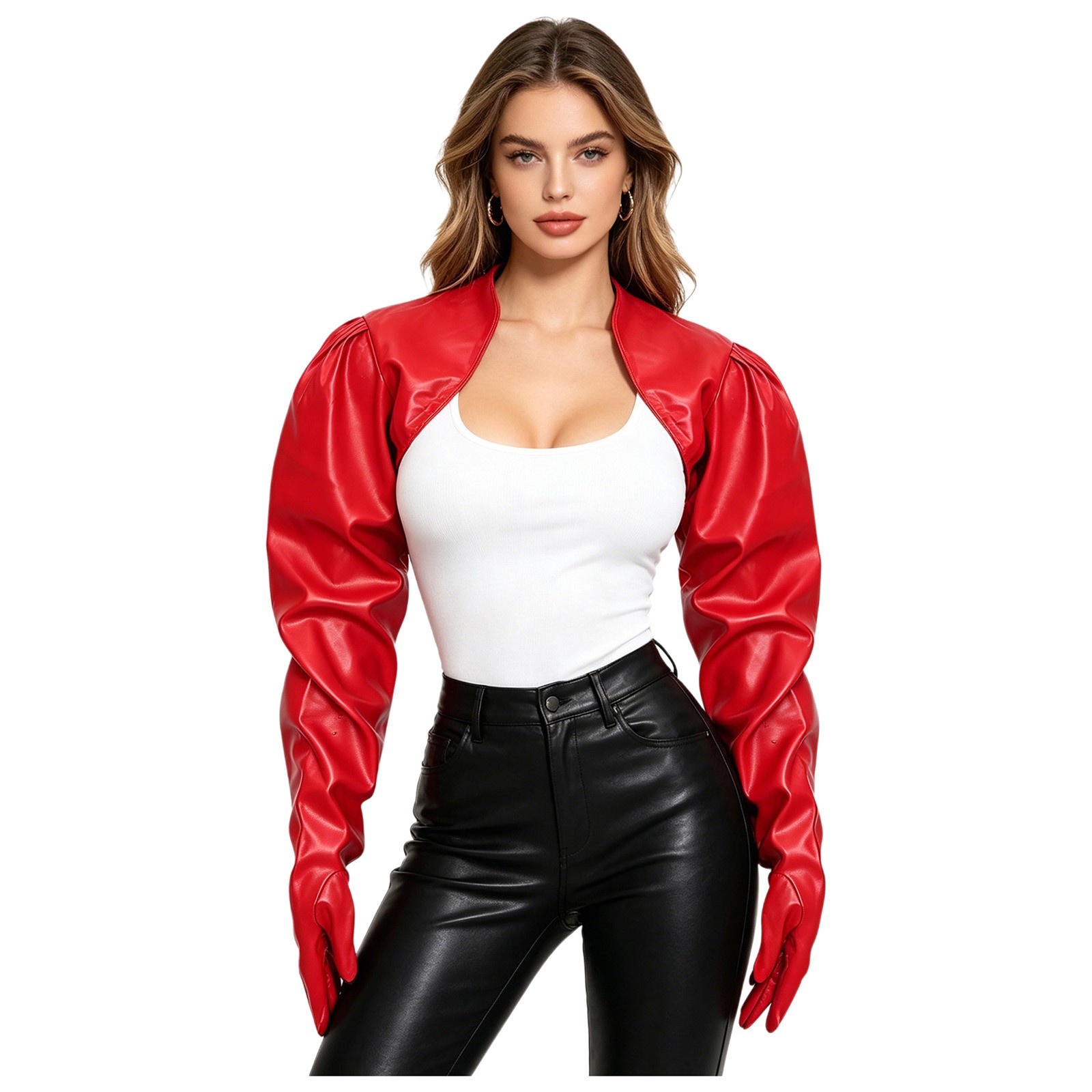 Women Wet‑Look Shiny PU Crop Shrug Glossy Bolero Clubwear Shawl Metallic Party