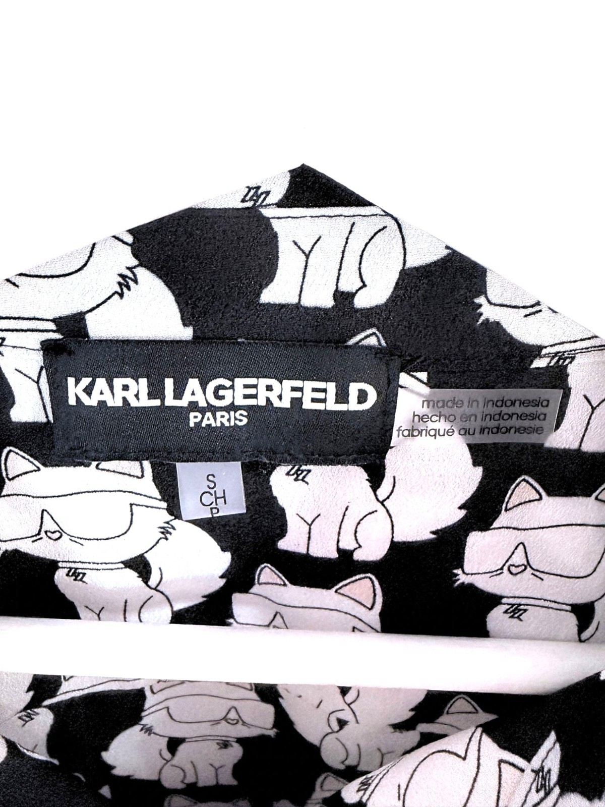 Karl Lagerfeld Paris Choupette Cat Print Button Front Blouse Shirt Black White S