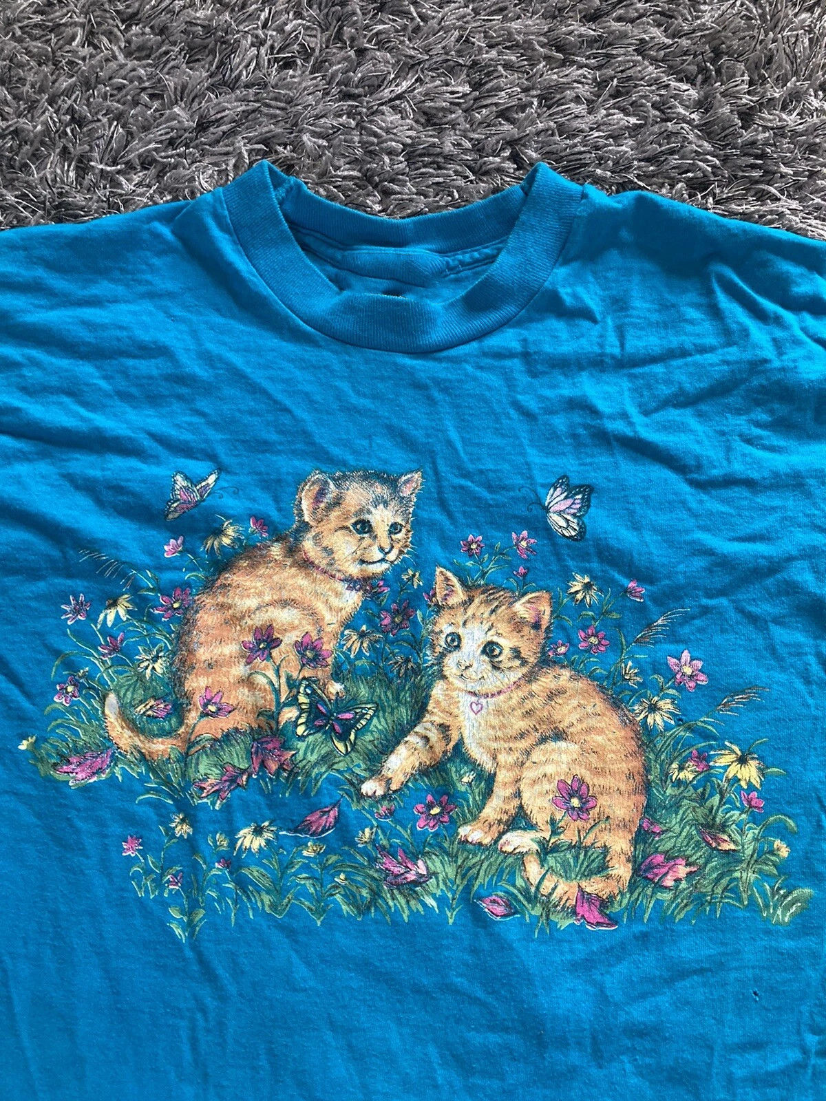 Cute Kitten Cat Butterfly Flowers Cotton Blue Shirt For Men Women S-5XL Shirt