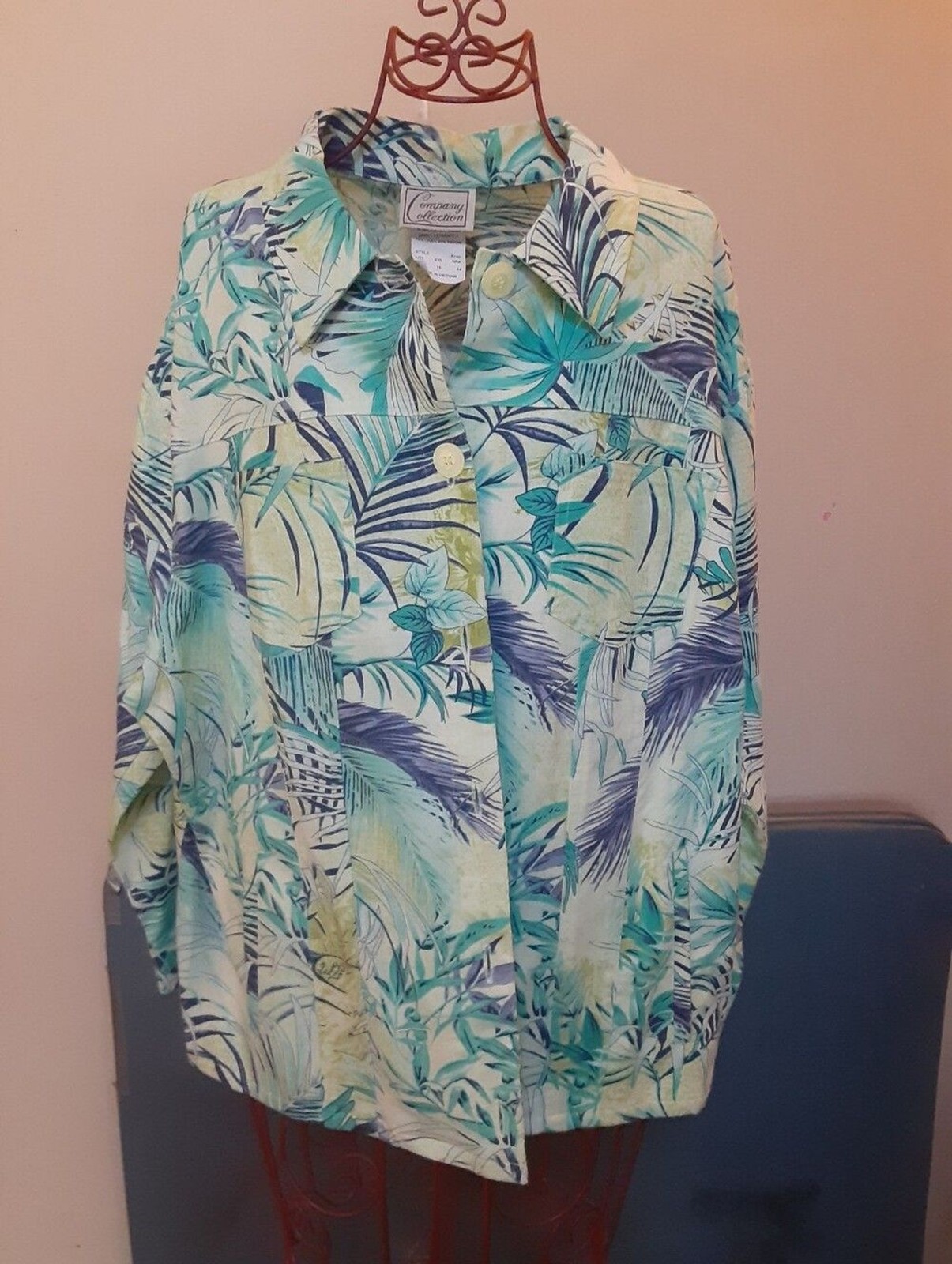 Tropical Print Button-Front Top in Aqua & Navy