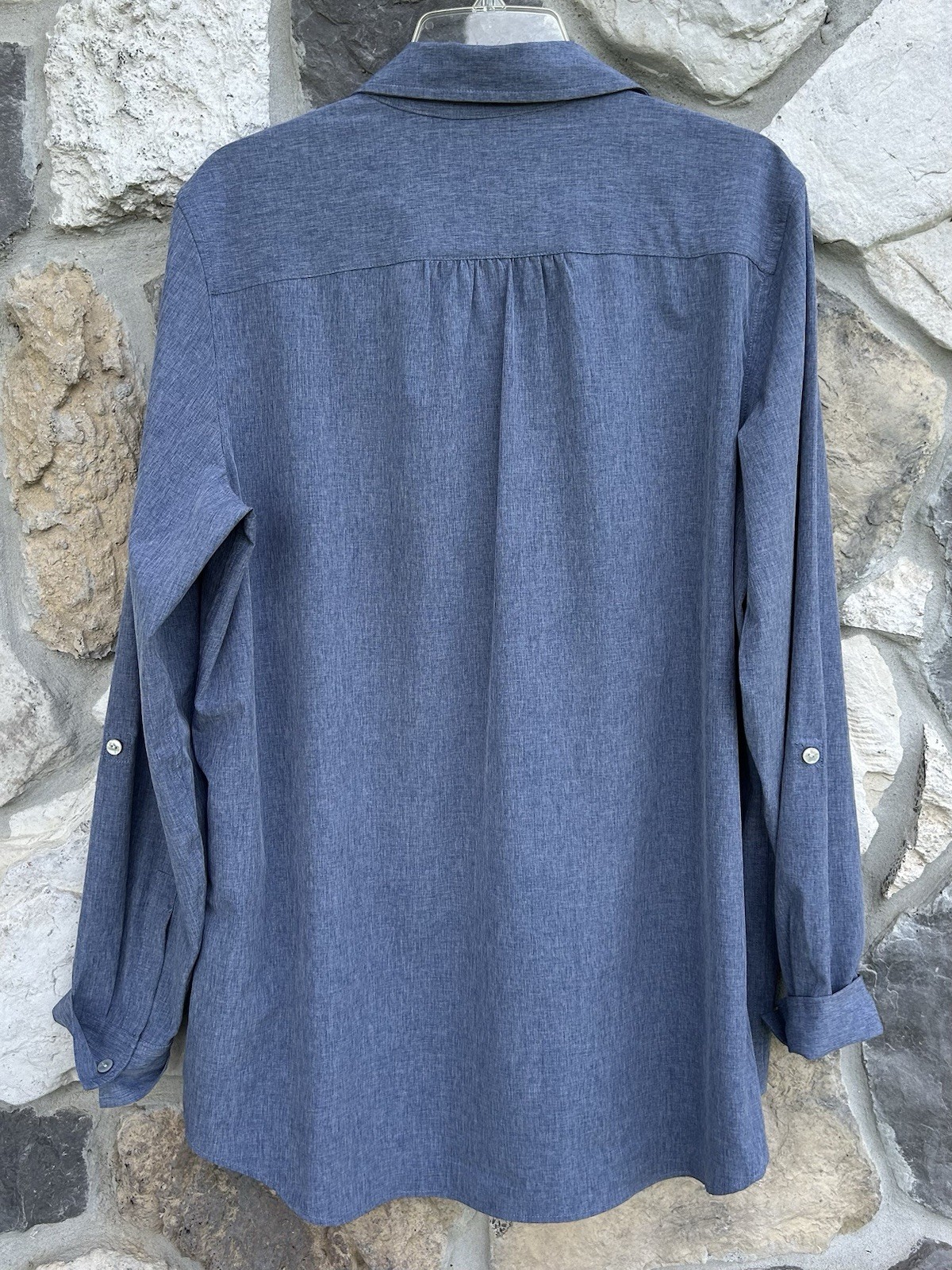 Lands End Button Up Shirt Large TALL Blue Performance Material Beach Outdoor
