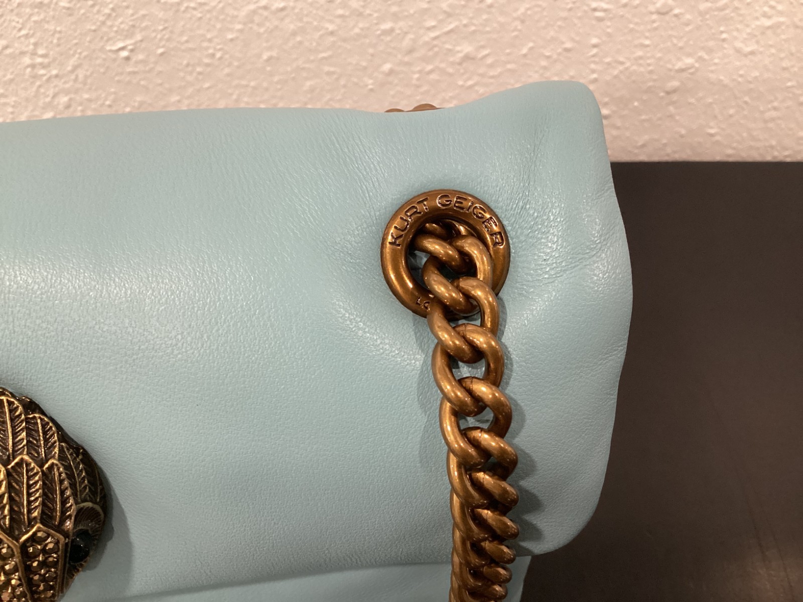 Kurt Geiger Mini Kew 7.75″ x 5″ x 2.5″ Soft Leather Mid Blue Antique Brass New