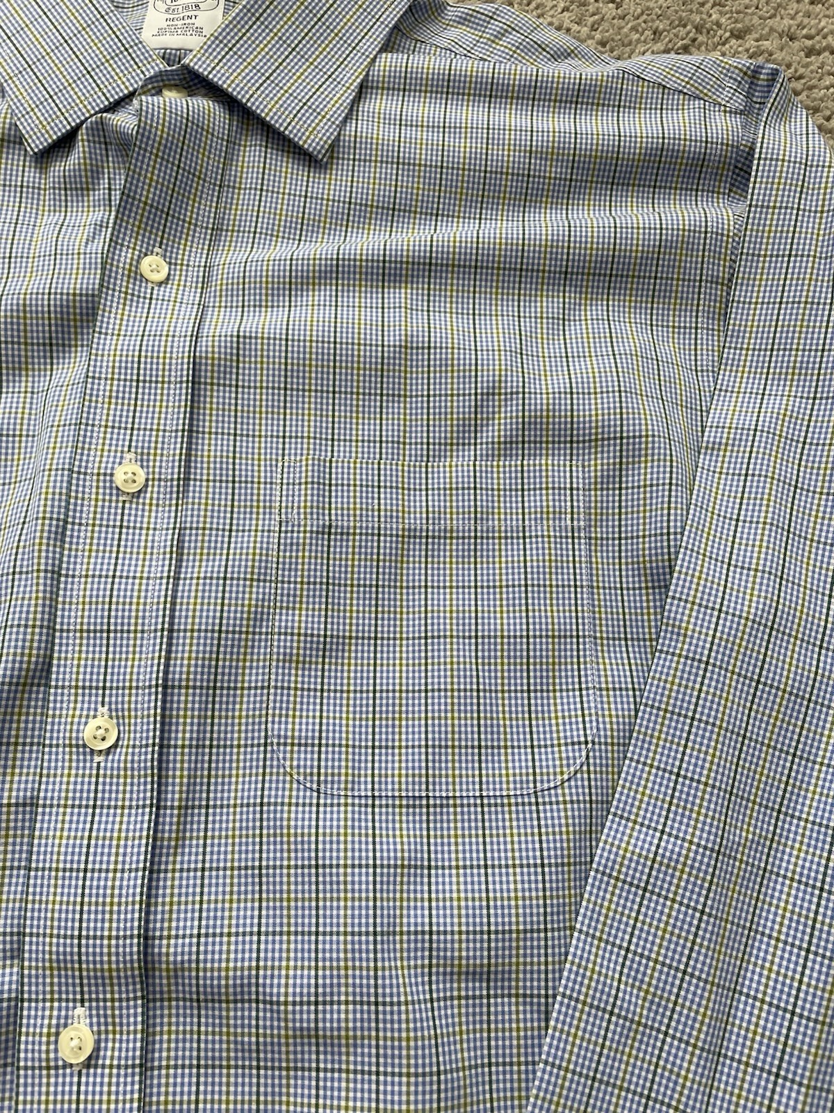 Brooks Brothers Regent Non-Iron Dress Shirt 16.5 35 Blue Green Check Cotton