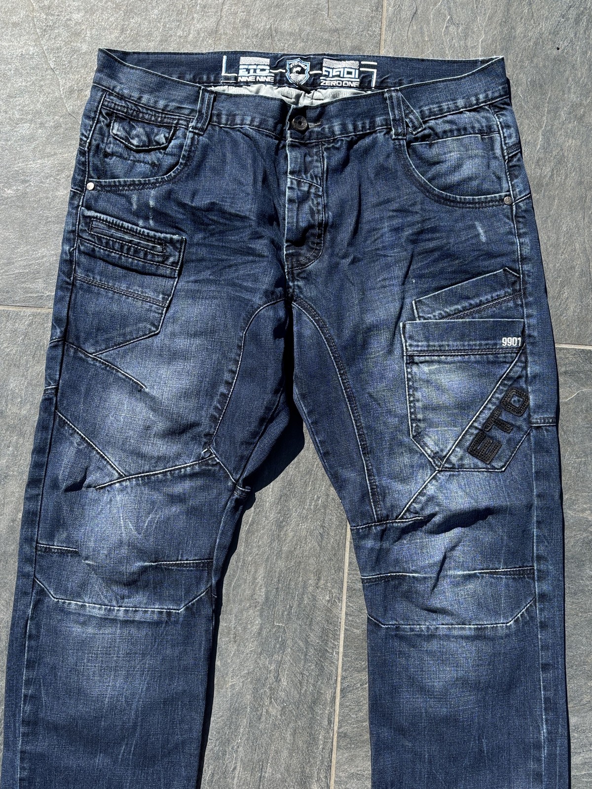 Retro ETO 9901 Mens Jeans 38L Blue Denim Streetwear Utility Cargo Distressed Y2K