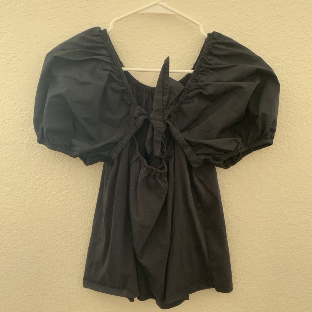 Black Puff Sleeve Top Open Cutout Bow Tie Back Milkmaid Blouse Women’s Size S